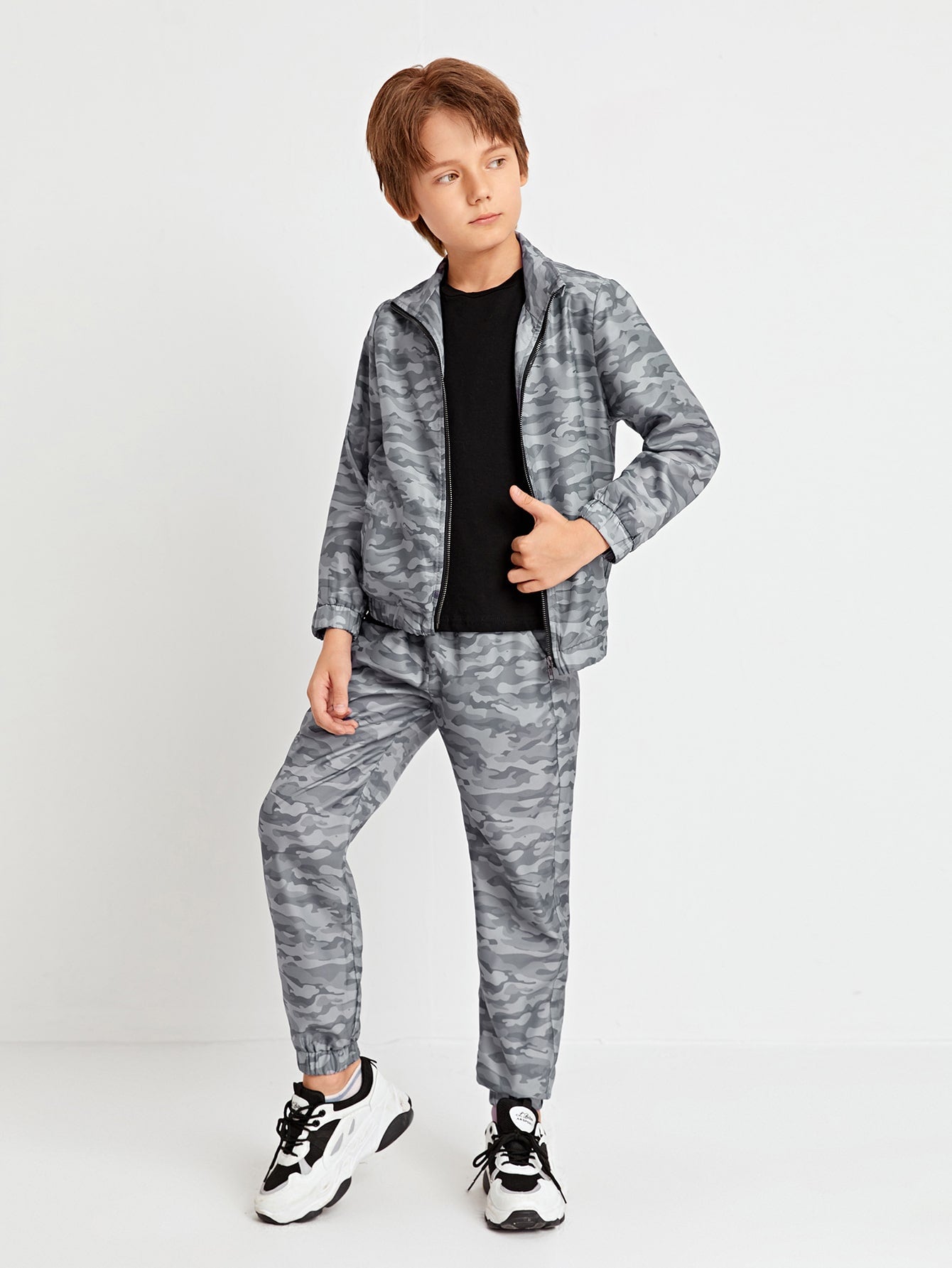 Boys Camo Zipper Placket Wind Jacket & Joggers Set