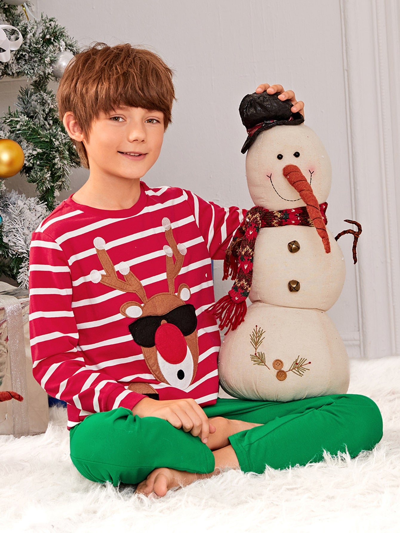 Boys Christmas Embroidered Striped Pullover & Pants PJ Set