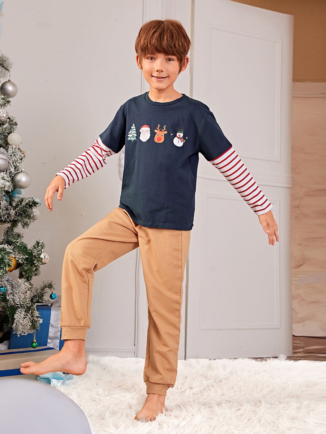 Boys Christmas Print Striped Sleeve Top & Joggers PJ Set