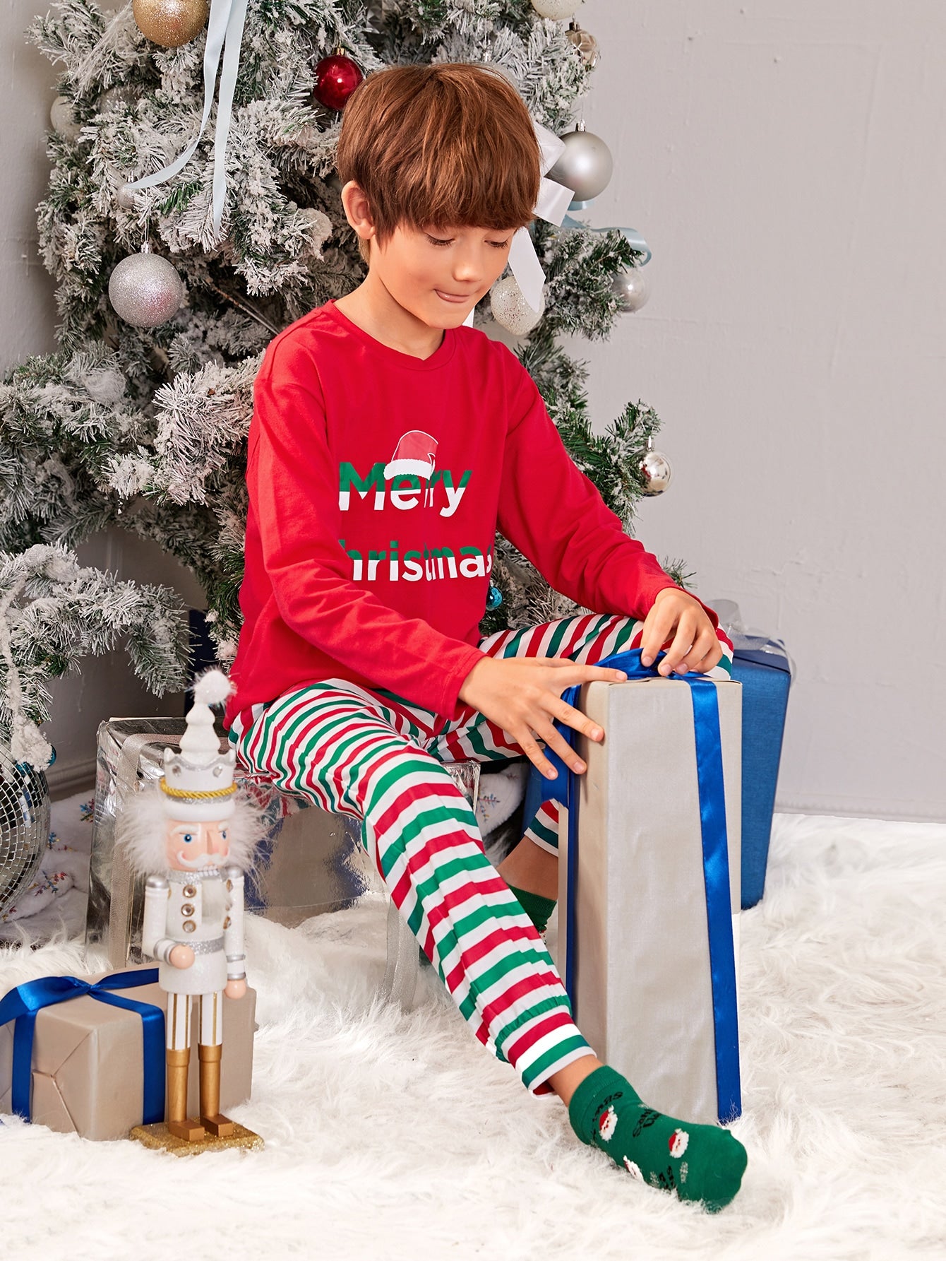 Boys Christmas Print Tee and Striped Pants PJ Set