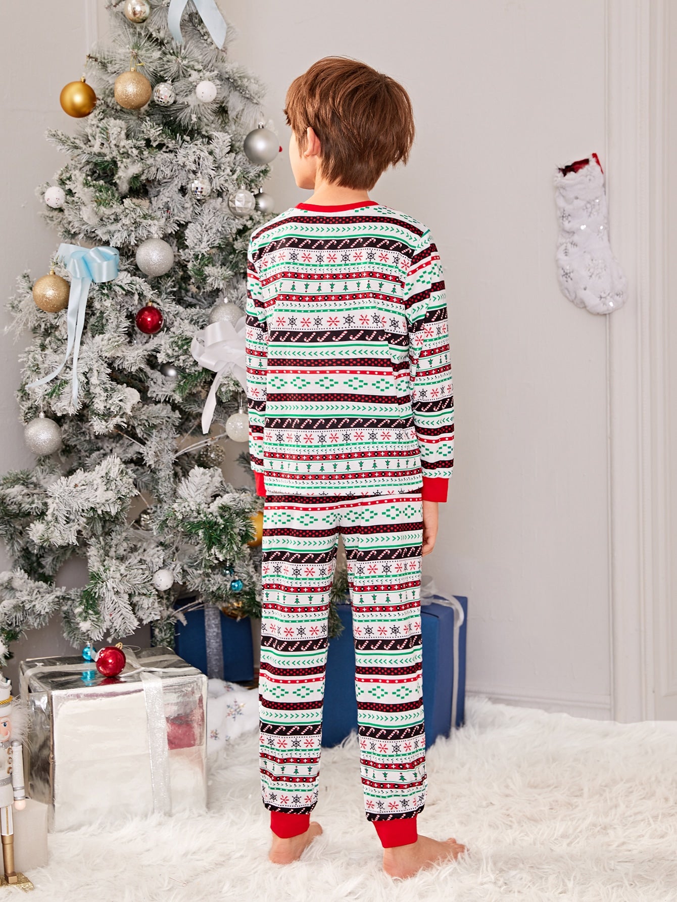 Boys Christmas Tree Print Striped Top & Pants PJ Set