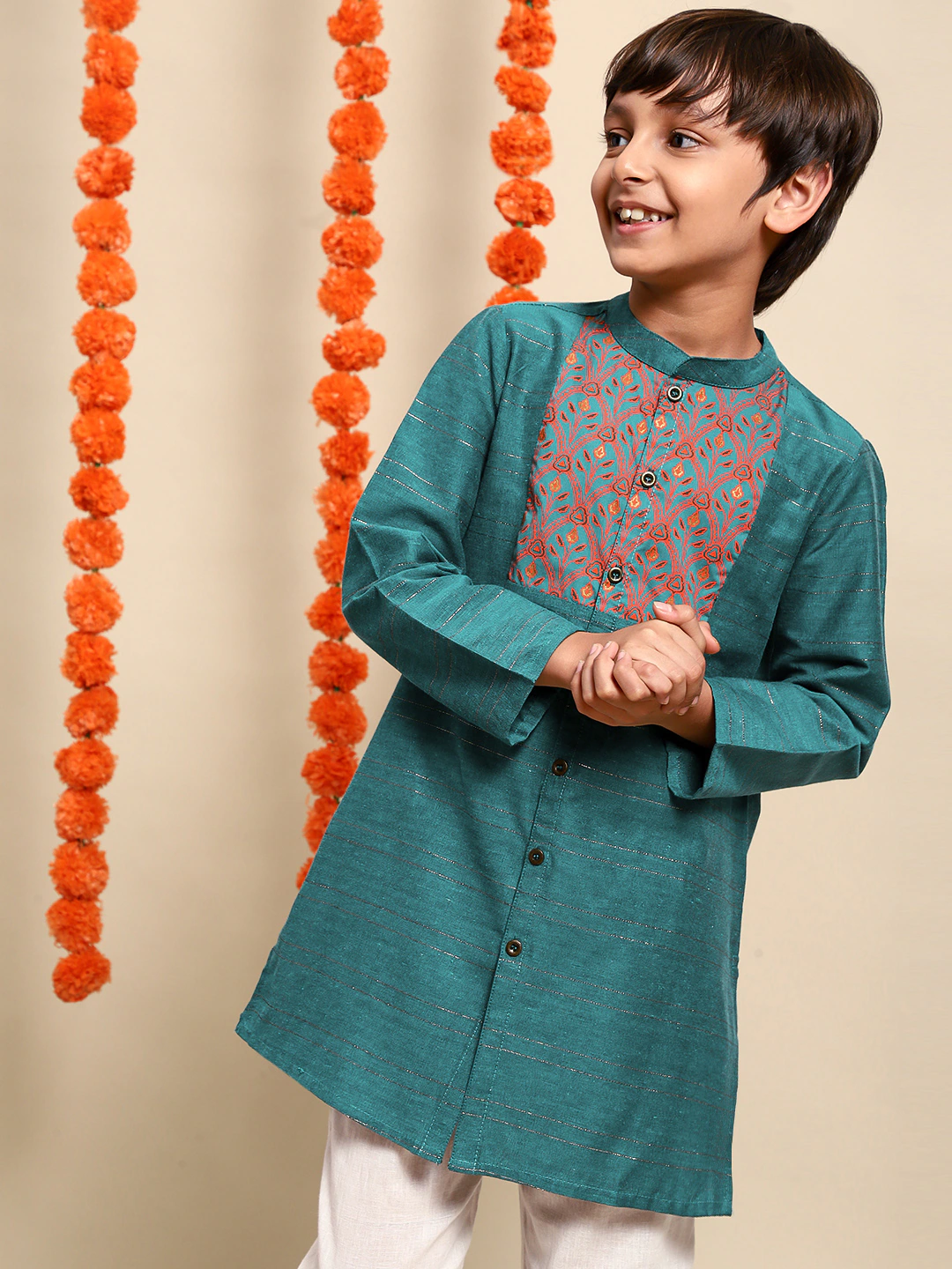 Boys Teal Motifs Yoke Design Kurta Set