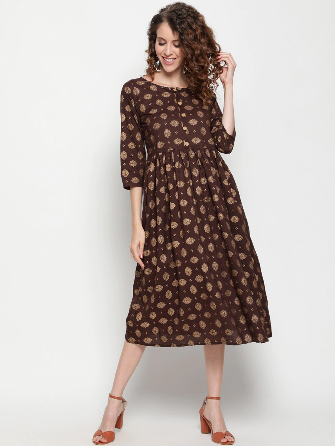 Brown Cotton Ethnic A-Line Midi Dress