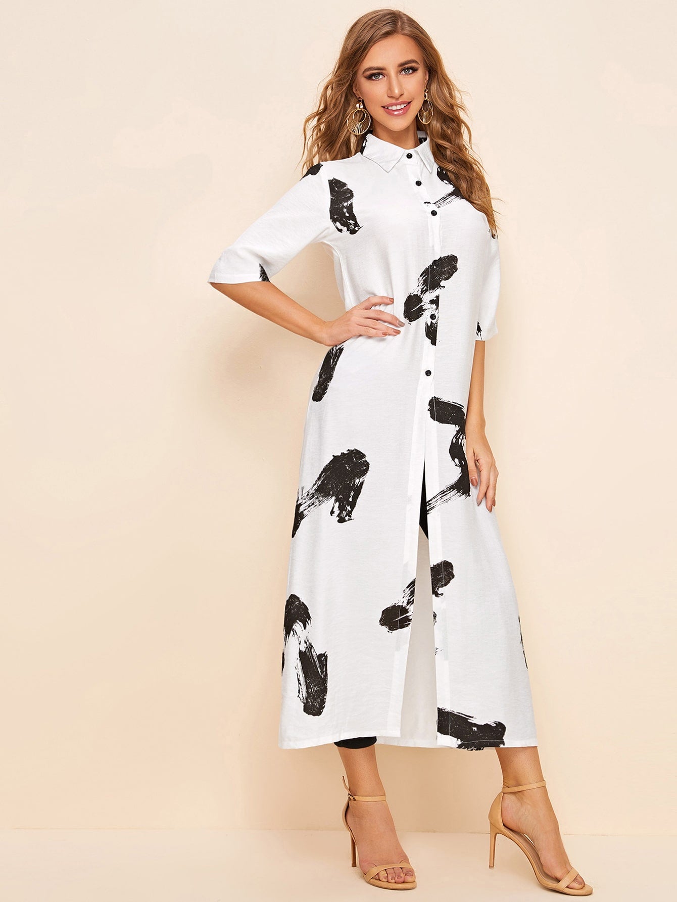 Brush Print Button Up Shirt Dress