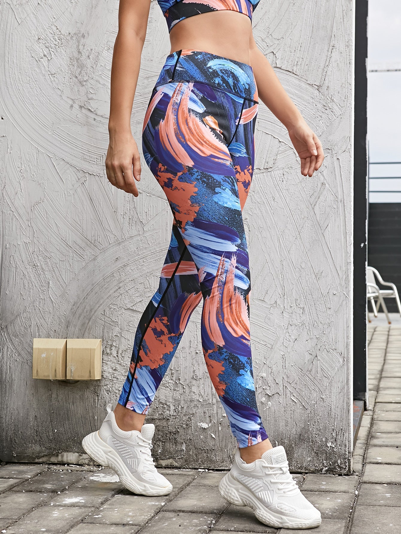 Brush Print Stitch Trim Sports Leggings