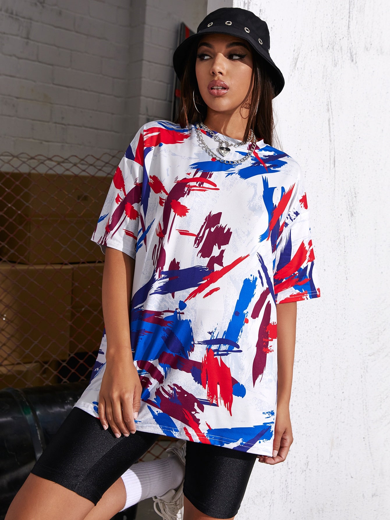 Brushstroke Print Oversized Longline Tee