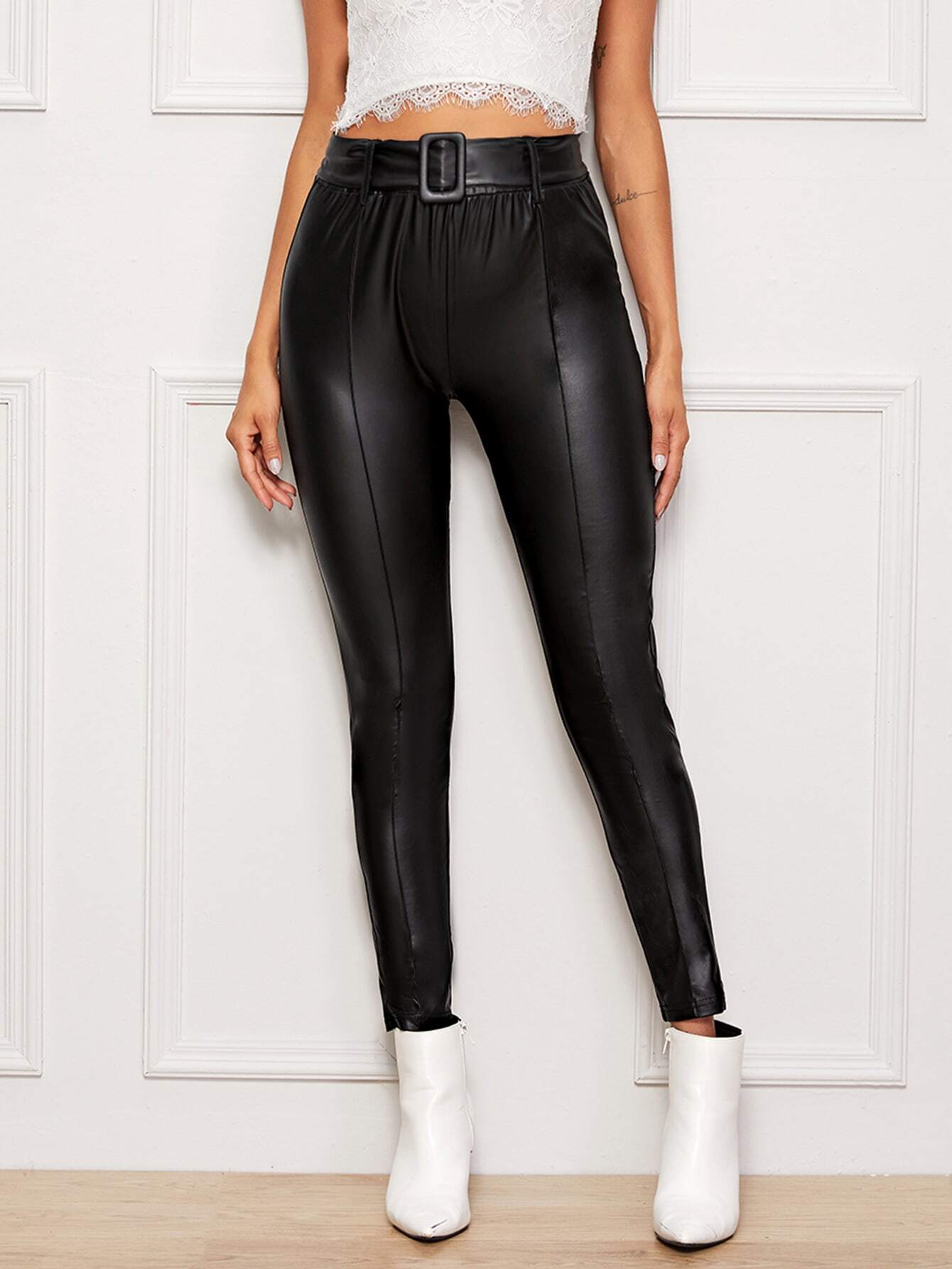 Buckle Belted Leather Look Pants