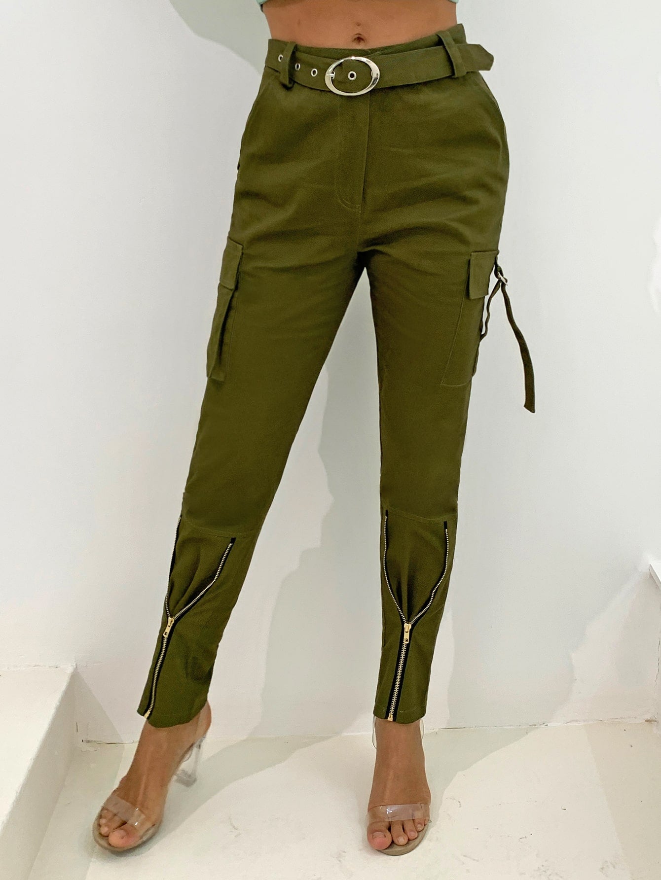 Buckle Belted Zip Detail Cargo Pants