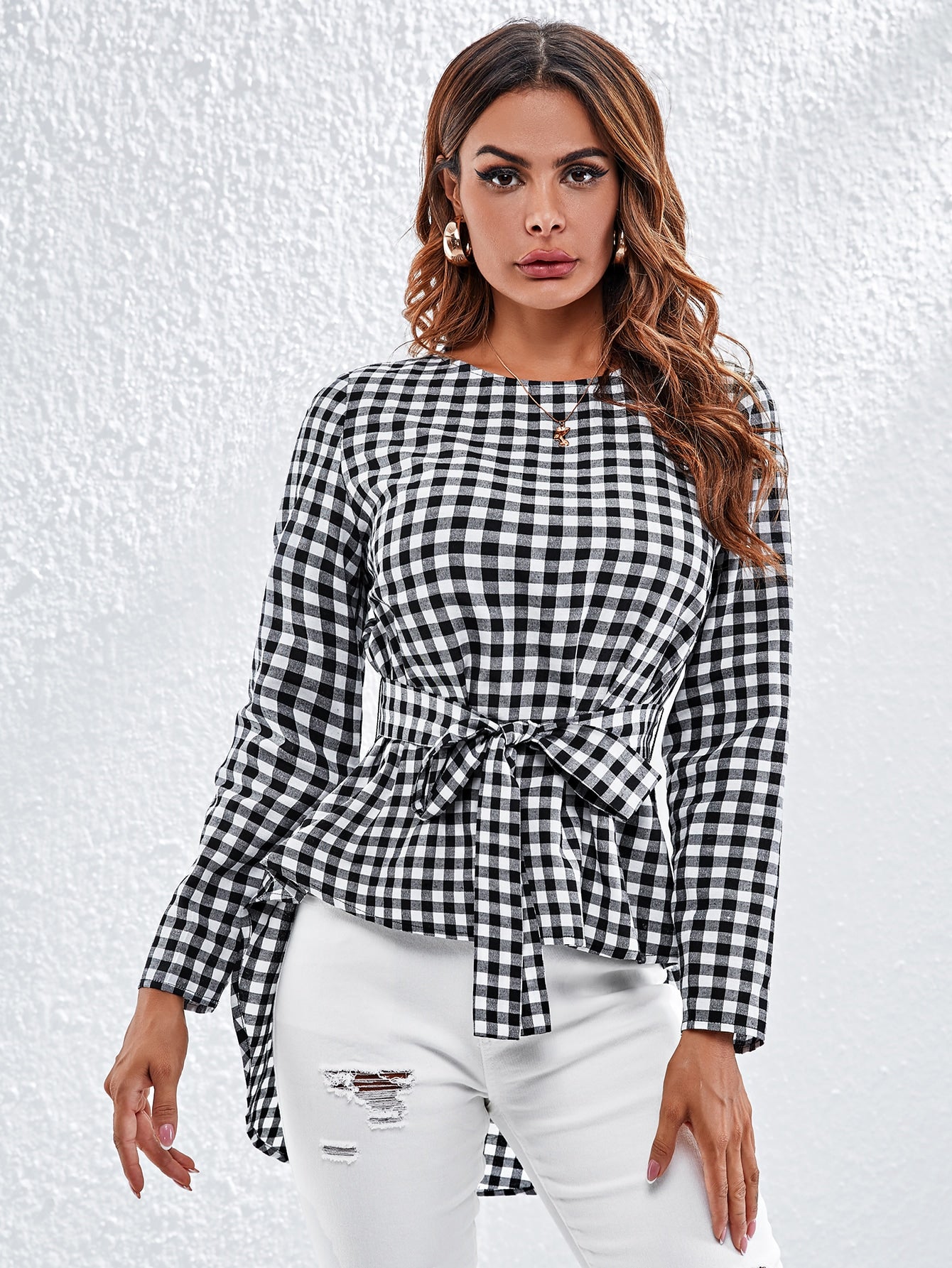 Buffalo Plaid Dip Hem Self Belted Top