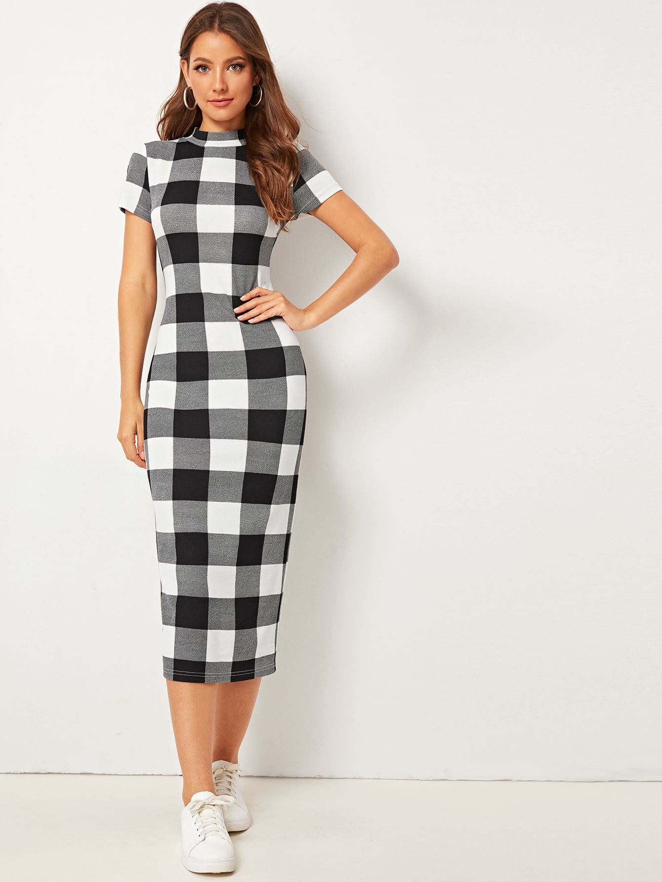 Buffalo Plaid Mock-neck Slit Hem Pencil Dress