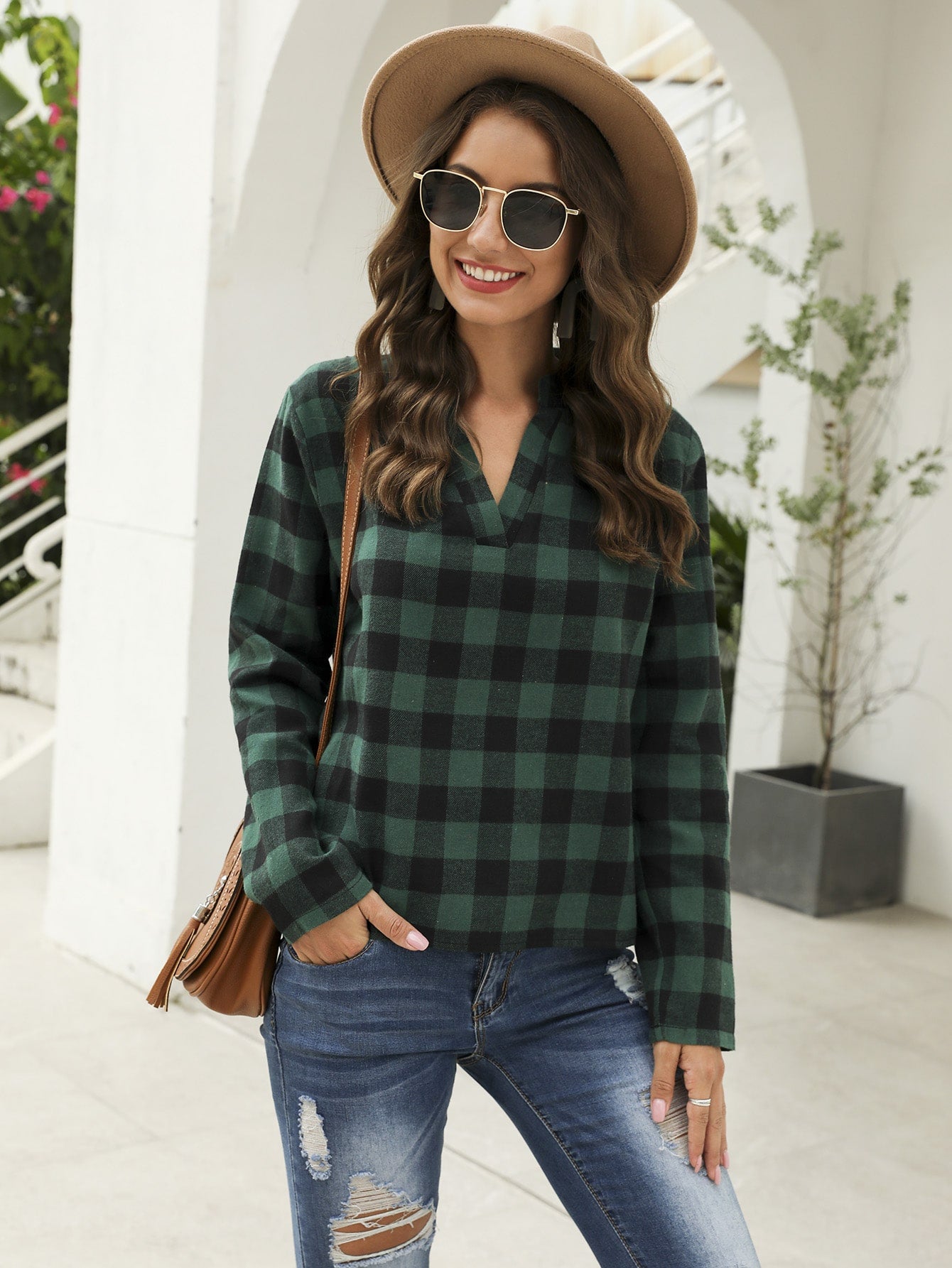 Buffalo Plaid Notch Neck Blouse