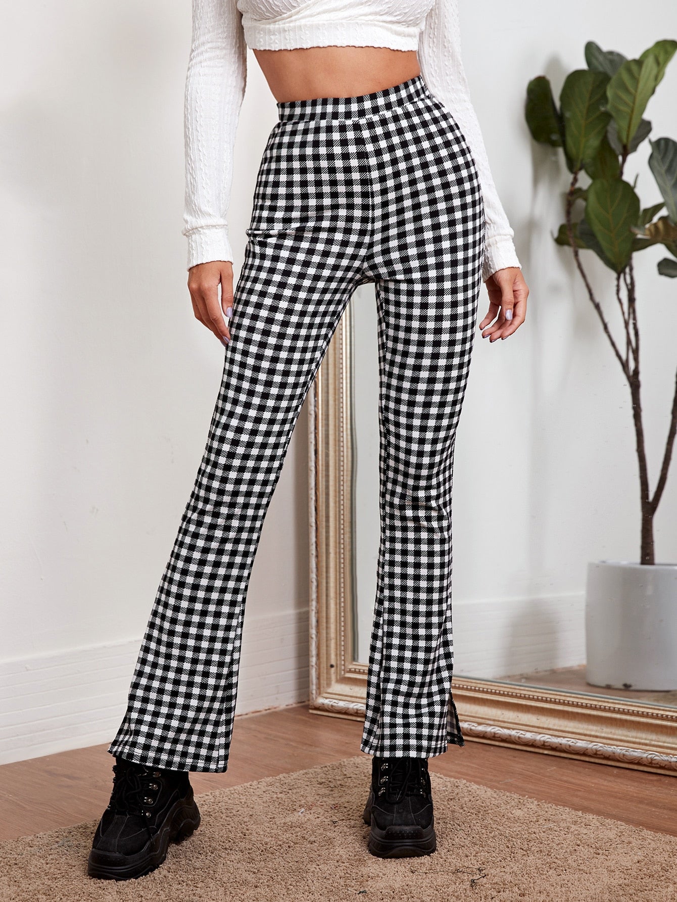 Buffalo Plaid Split Side Flare Leg Pants