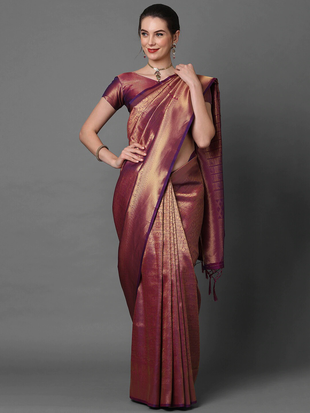 Burgundy & Gold Silk Blend Banarasi Saree