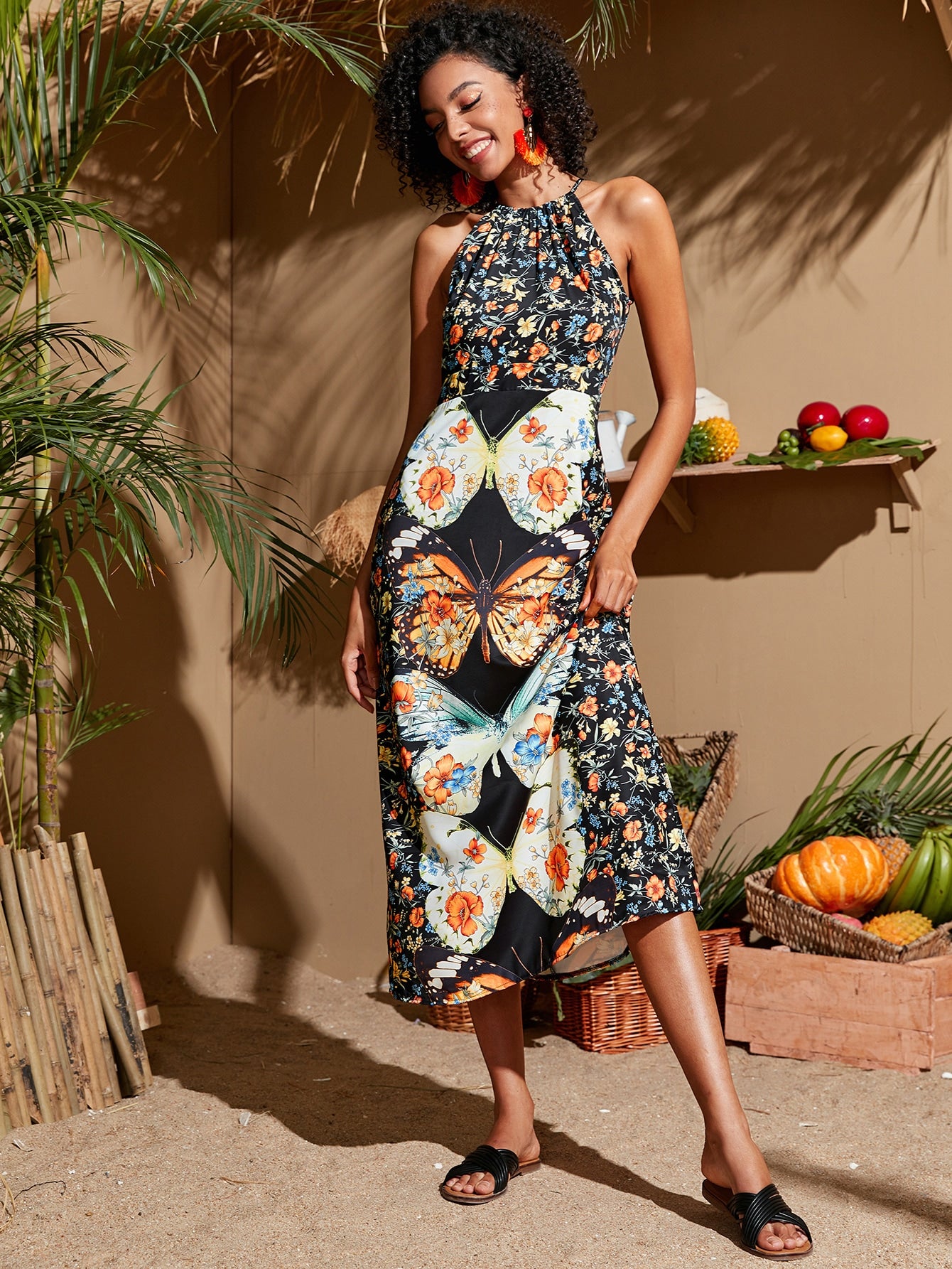 Butterfly & Floral Print Halter Dress