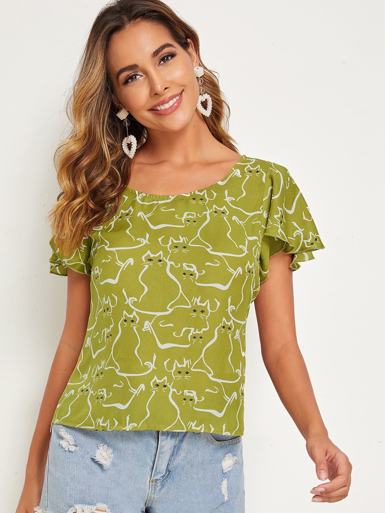 Butterfly Sleeve Cartoon Print Top