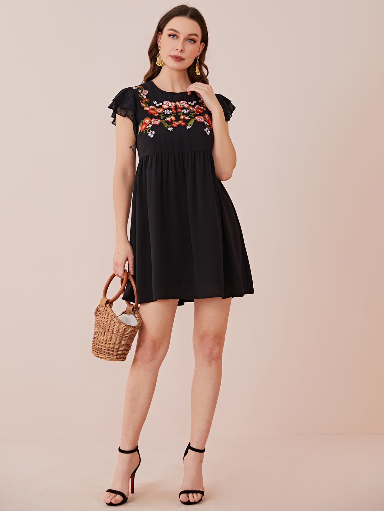 Butterfly Sleeve Floral Embroidered Smock Dress