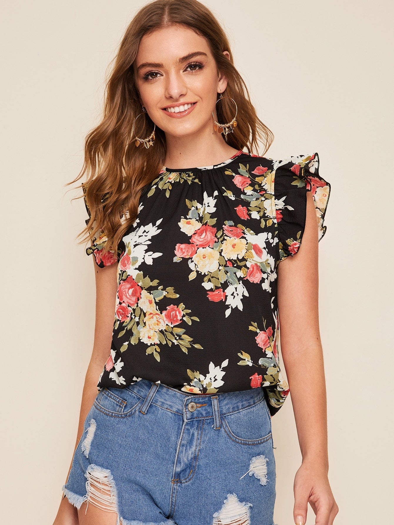 Butterfly Sleeve Floral Print Top