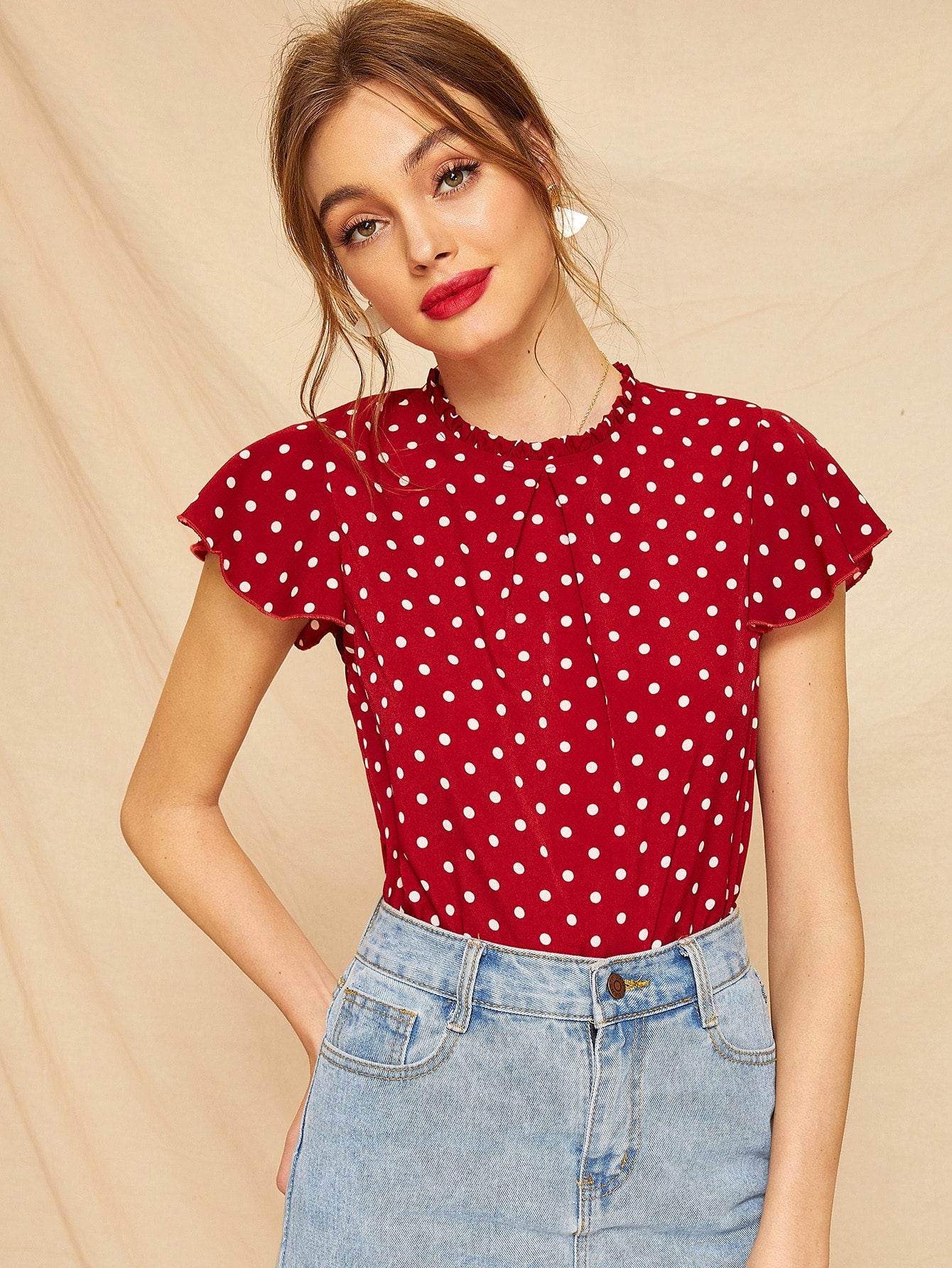 Butterfly Sleeve Polka Dot Frill Blouse