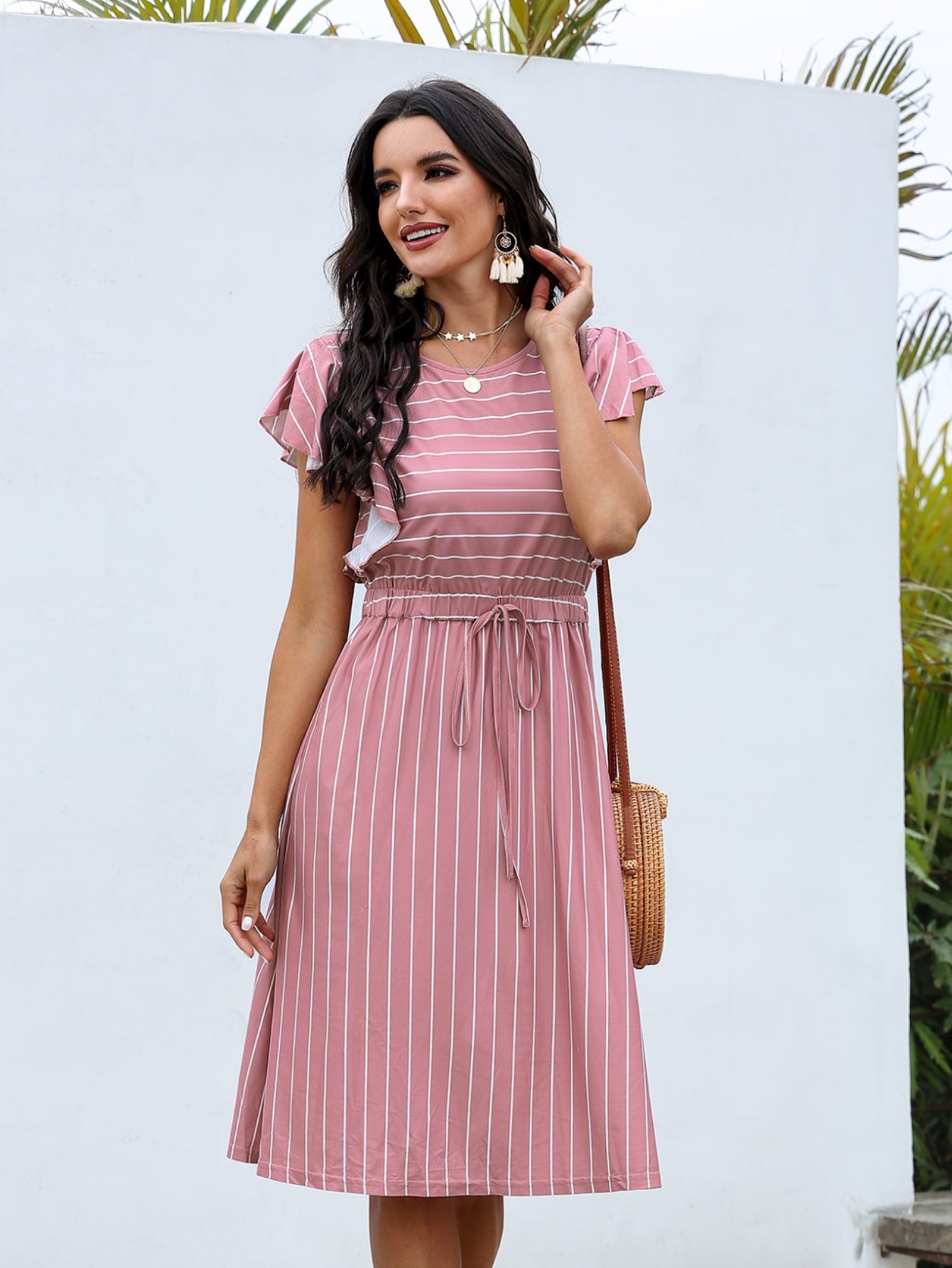 Butterfly Sleeve Striped Tie Front A-line Dress