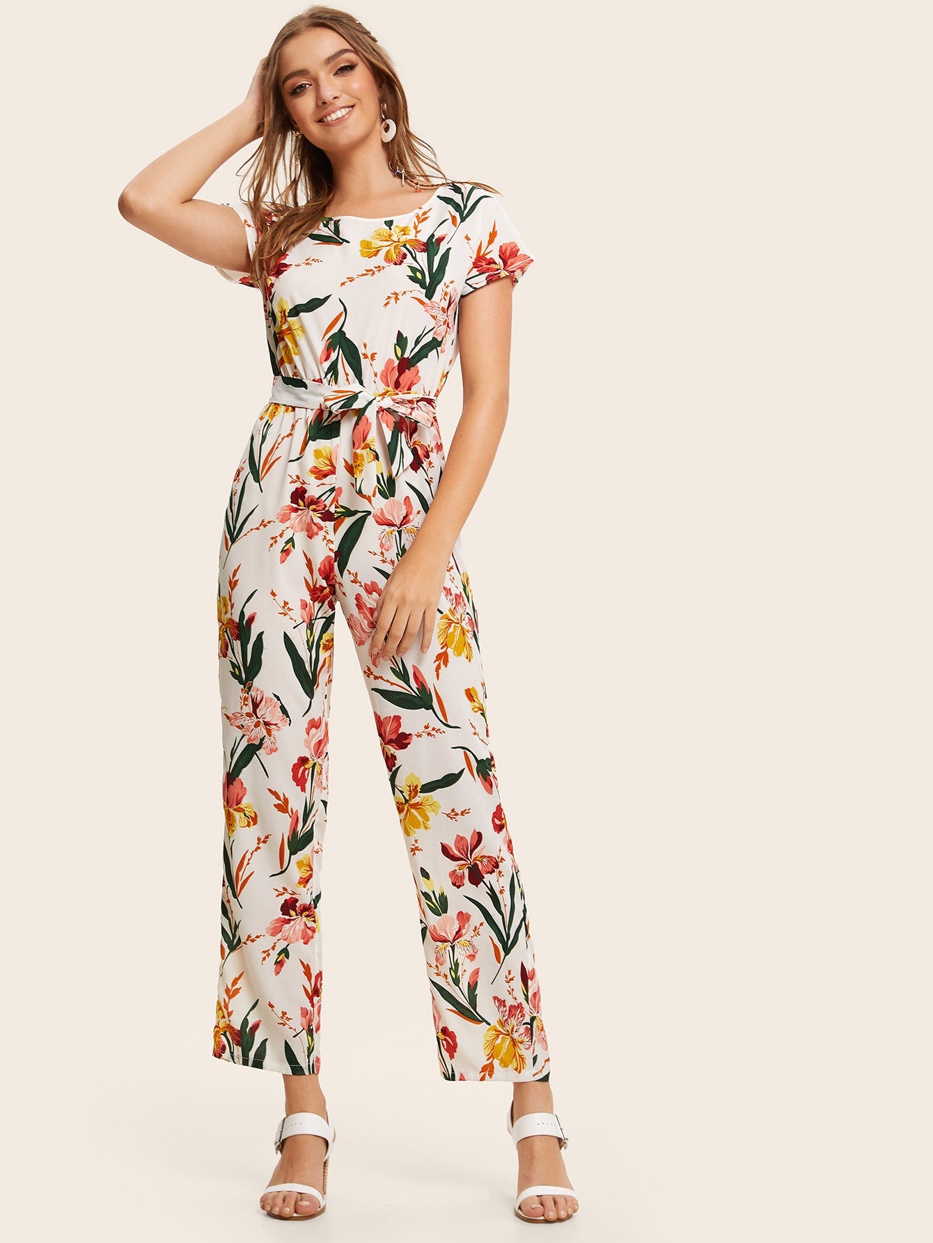 Button Back Belted Floral Print Jumpsuit