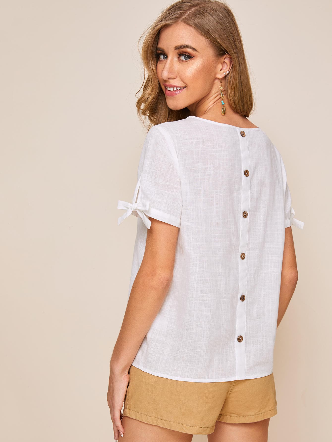 Button Back Knotted Cuff Top