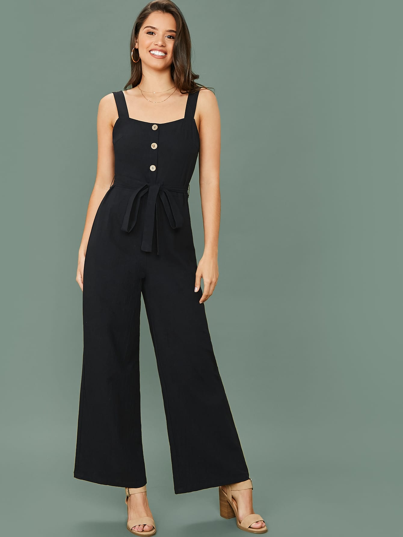 Button Detail Belted Palazzo Jumpsuit