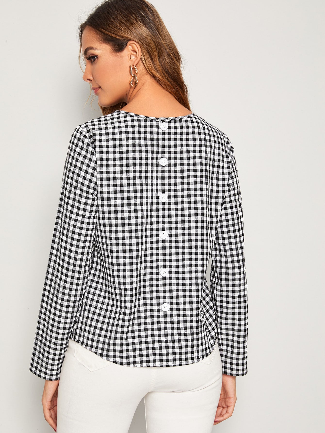 Button Detail Curved Hem Gingham Top