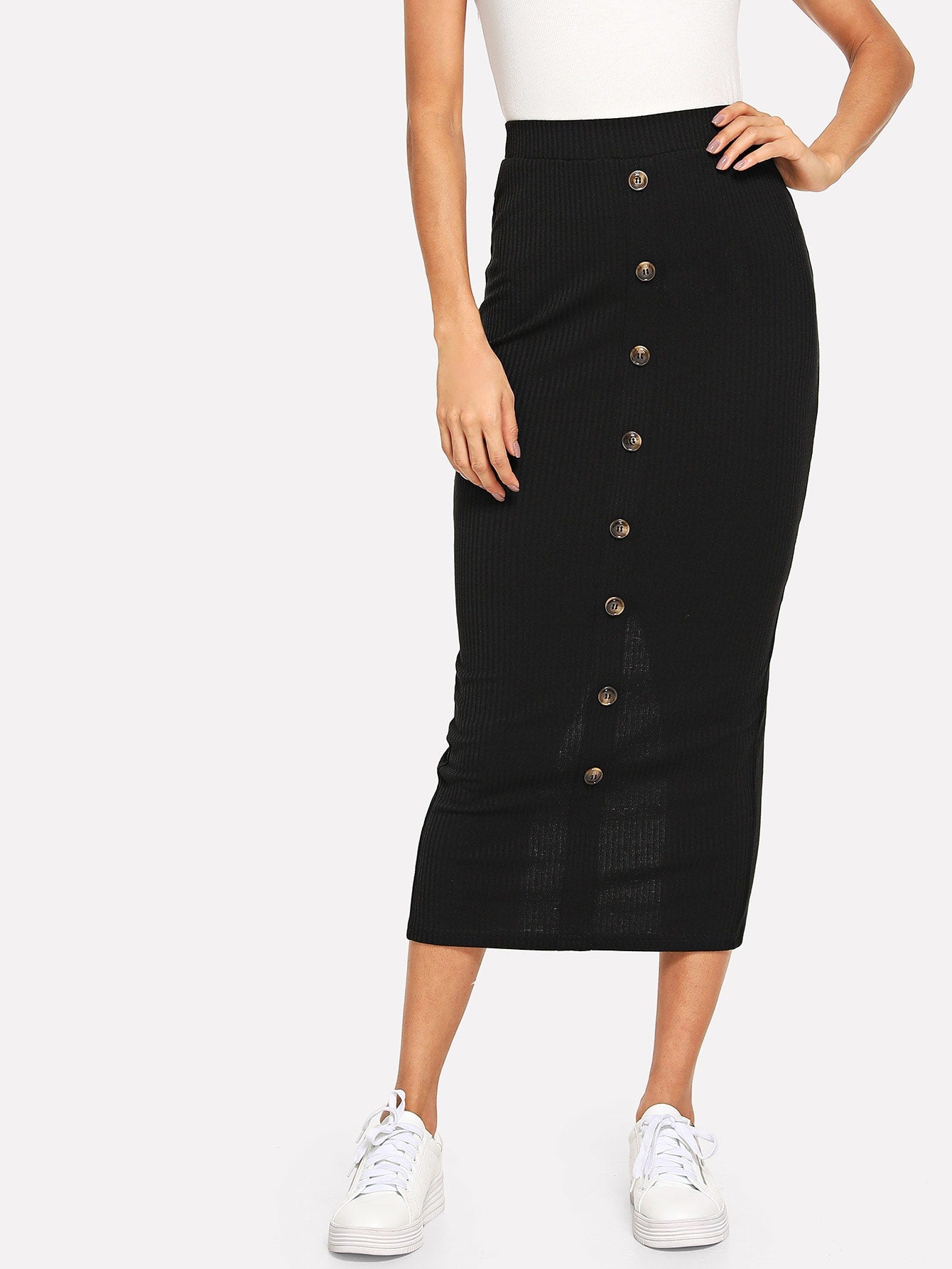 Button Detail Rib Knit Bodycon Skirt