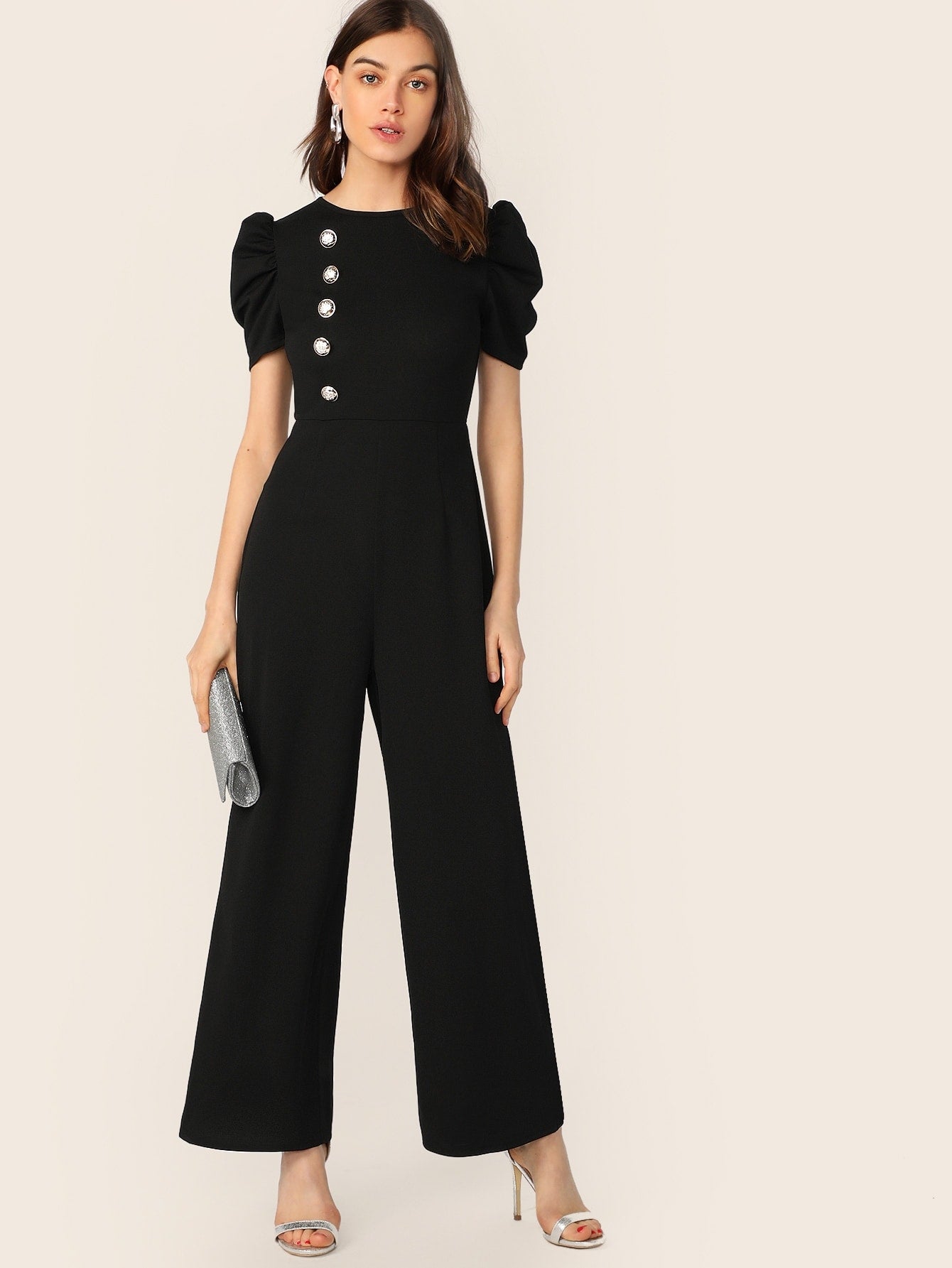 Button Embellished Puff Sleeve Wide Leg Jumpsuit