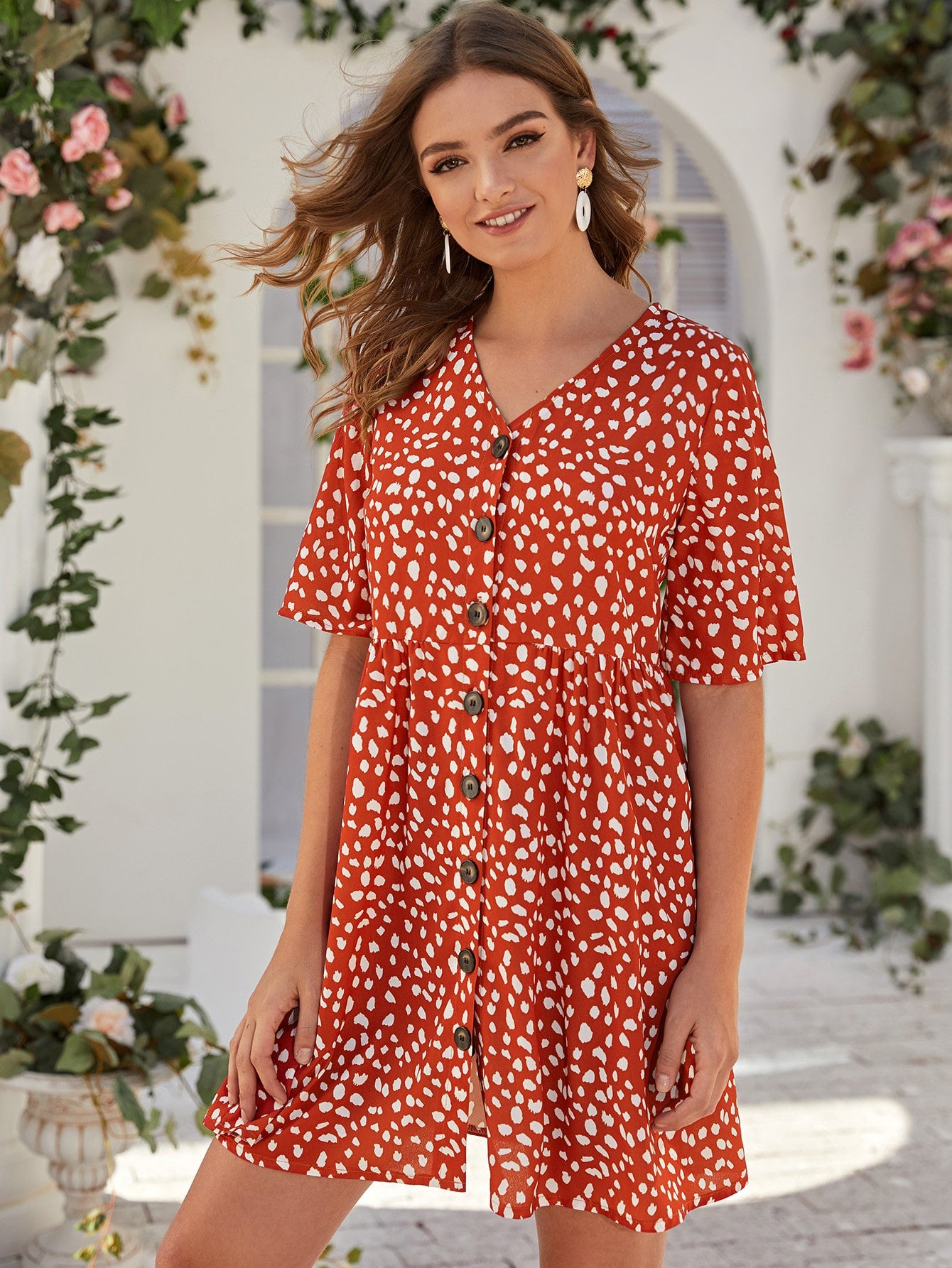 Button Front All Over Front A-line Dress