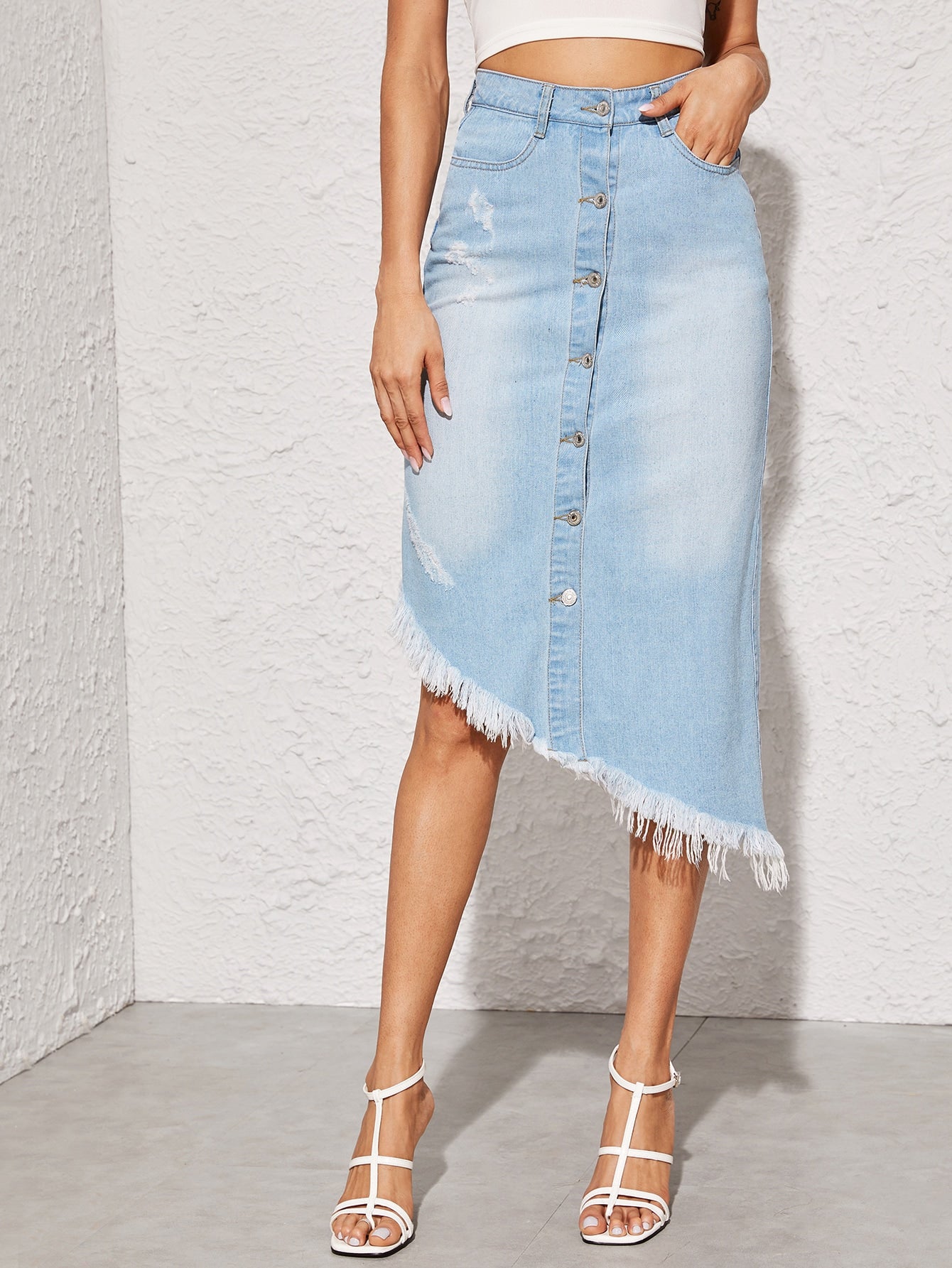 Button Front Asymmetrical Raw Hem Denim Skirt