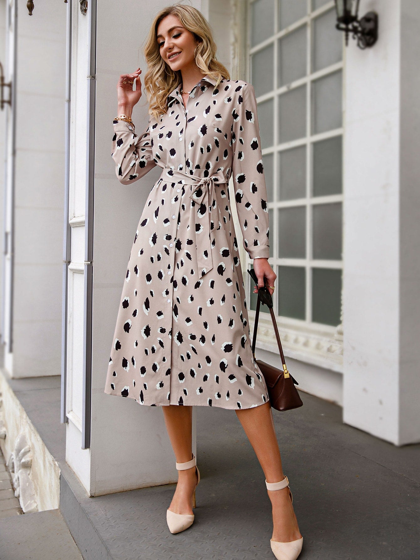 Button Front Belted Allover Print Shirt Dress