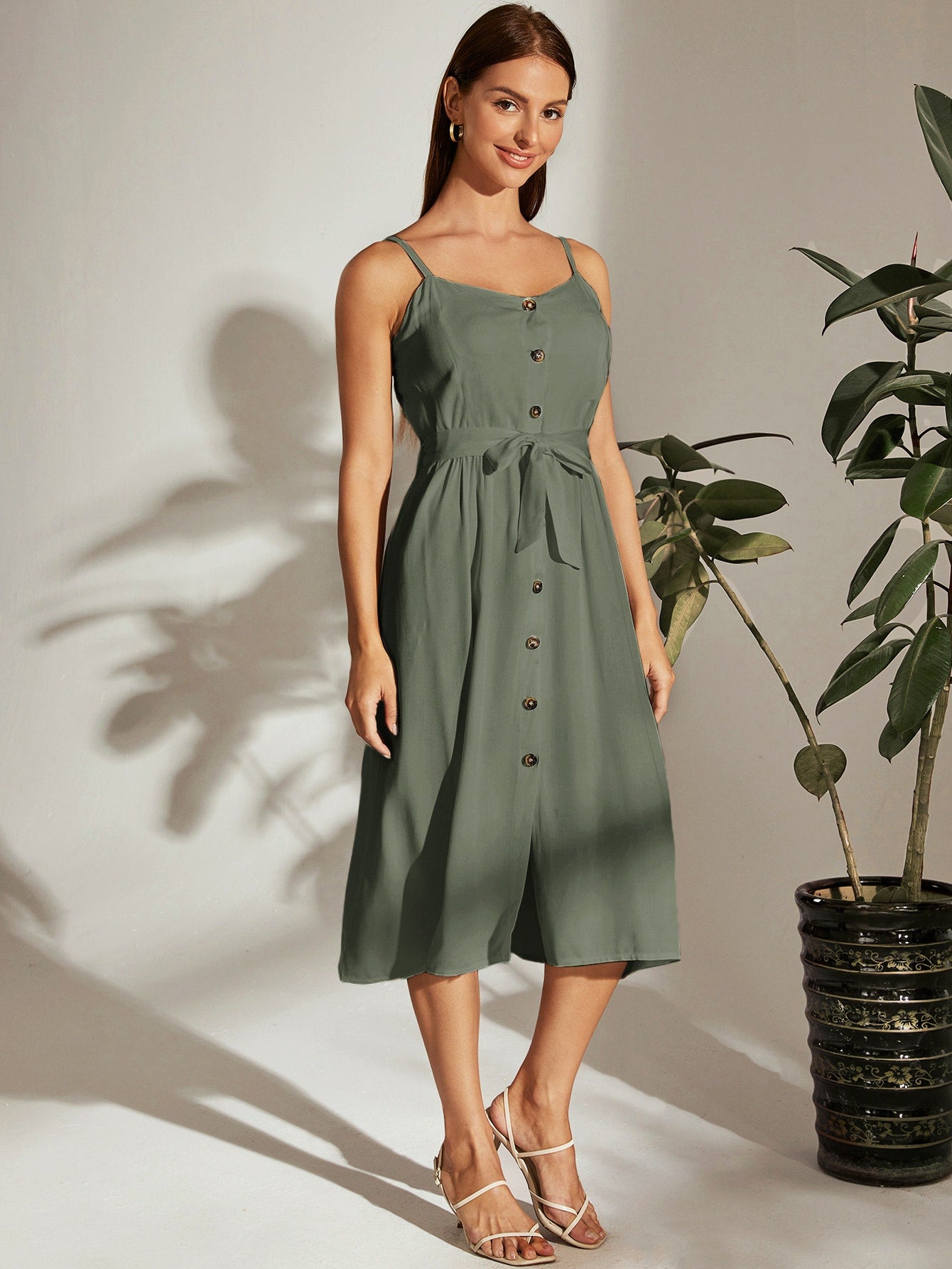 Button Front Belted Cami Dress