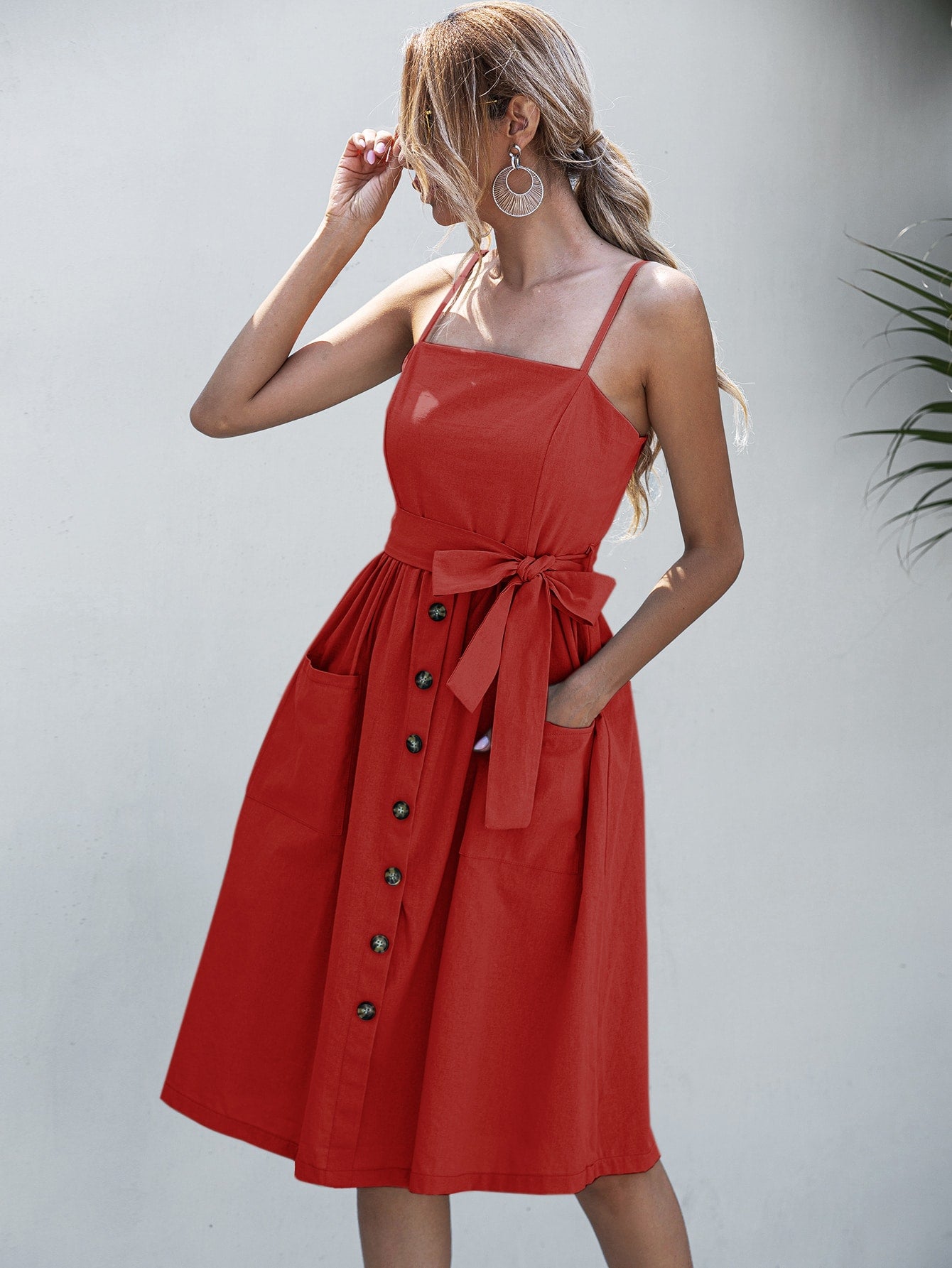 Button Front Belted Cami Dress