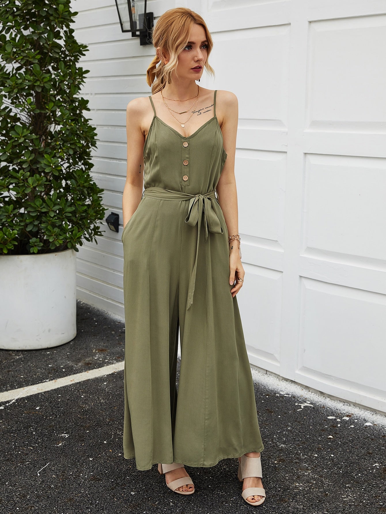 Button Front Belted Cami Jumpsuit