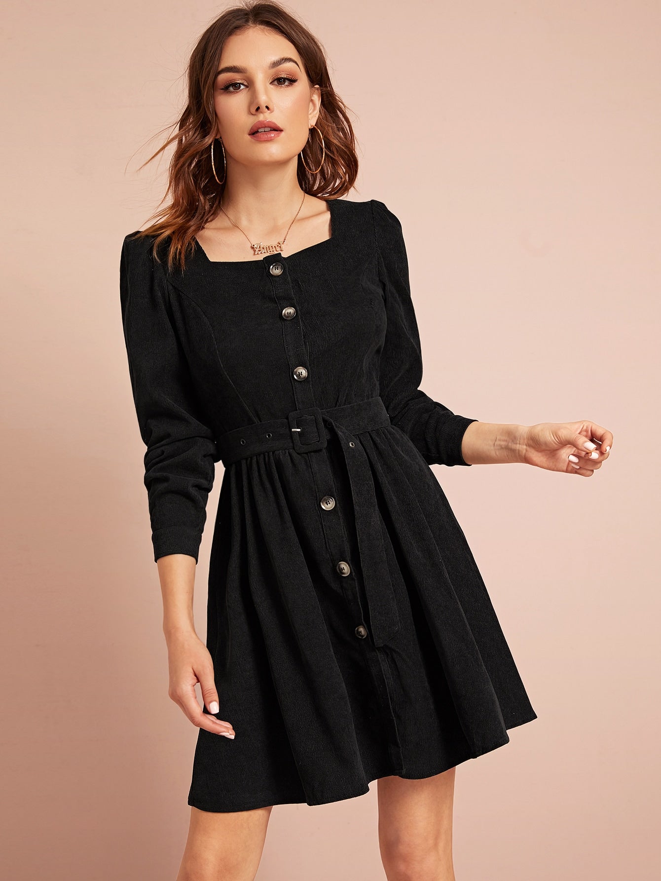 Button Front Belted Corduroy Flare Dress