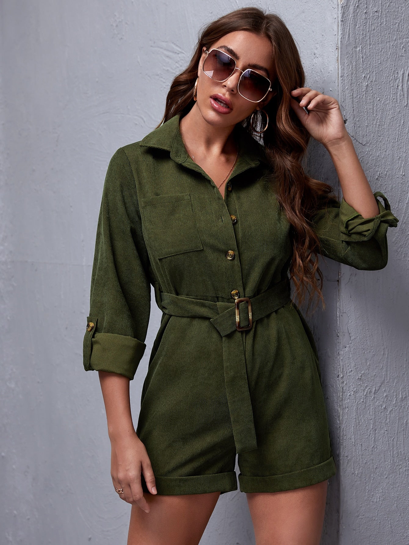 Button Front Belted Corduroy Romper