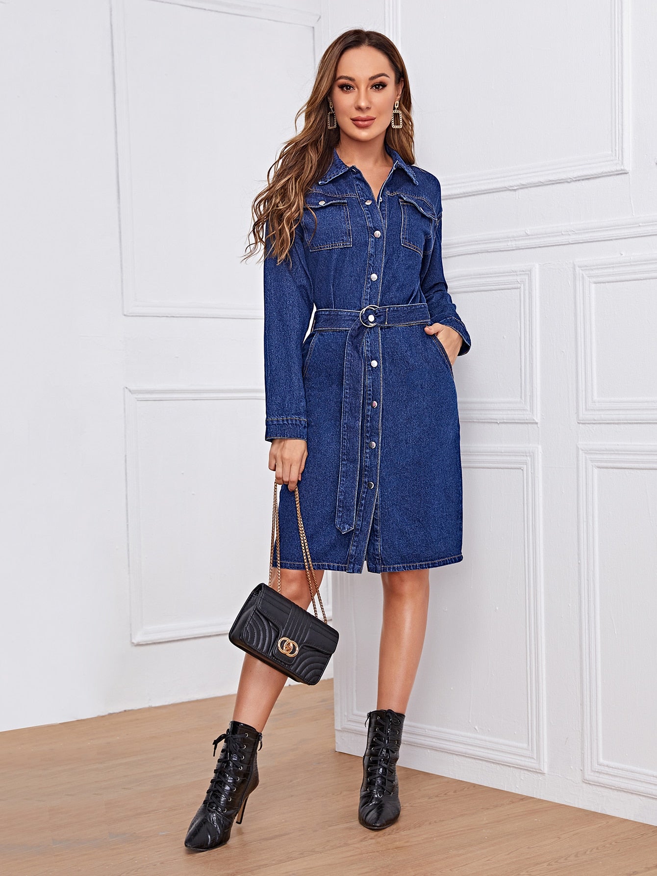 Button Front Belted Denim Shirt Dress