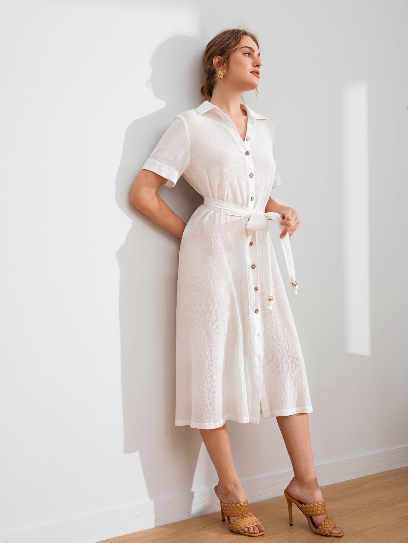 Button Front Belted Shirt Dress