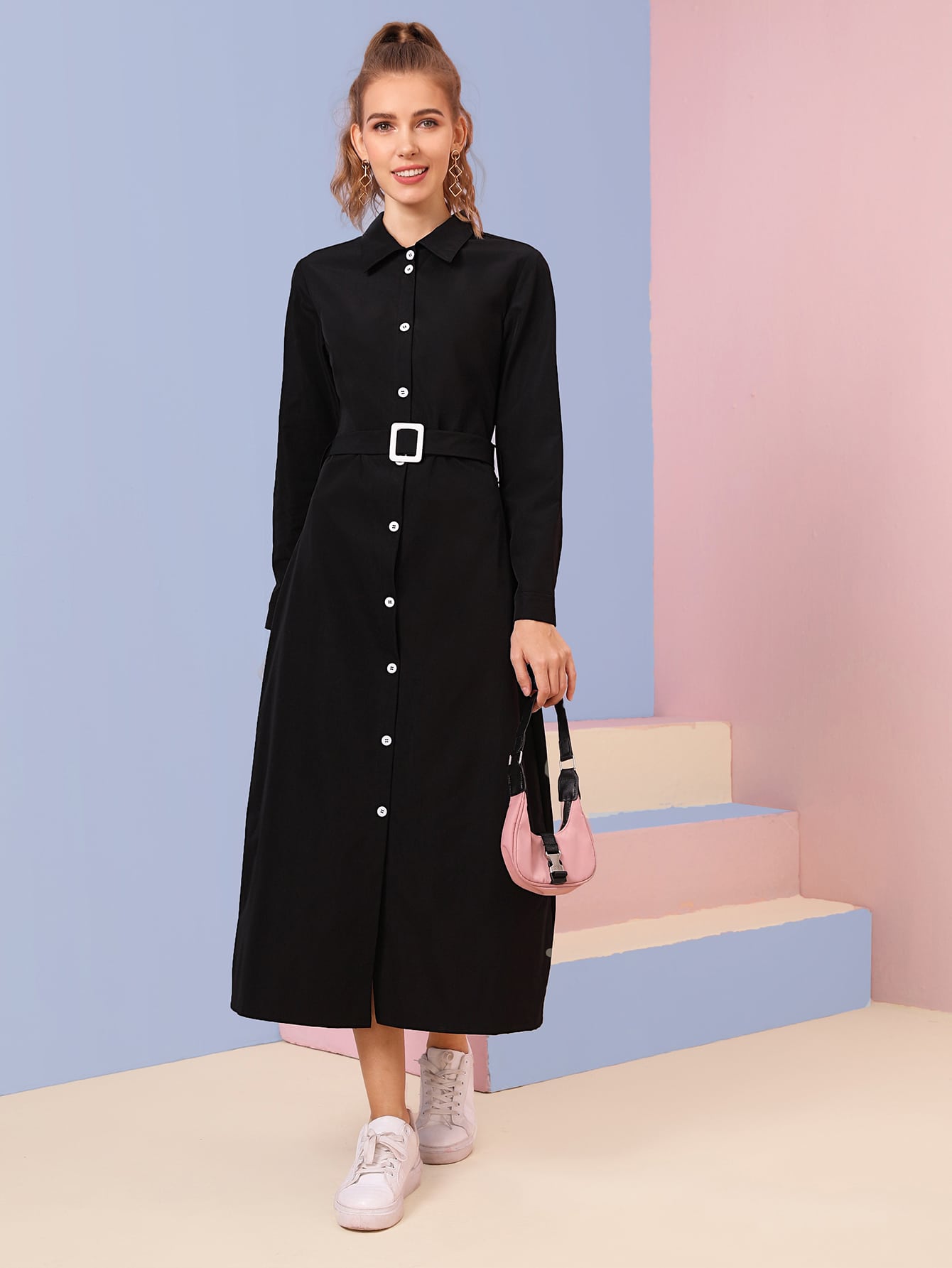 Button Front Belted Shirt Dress