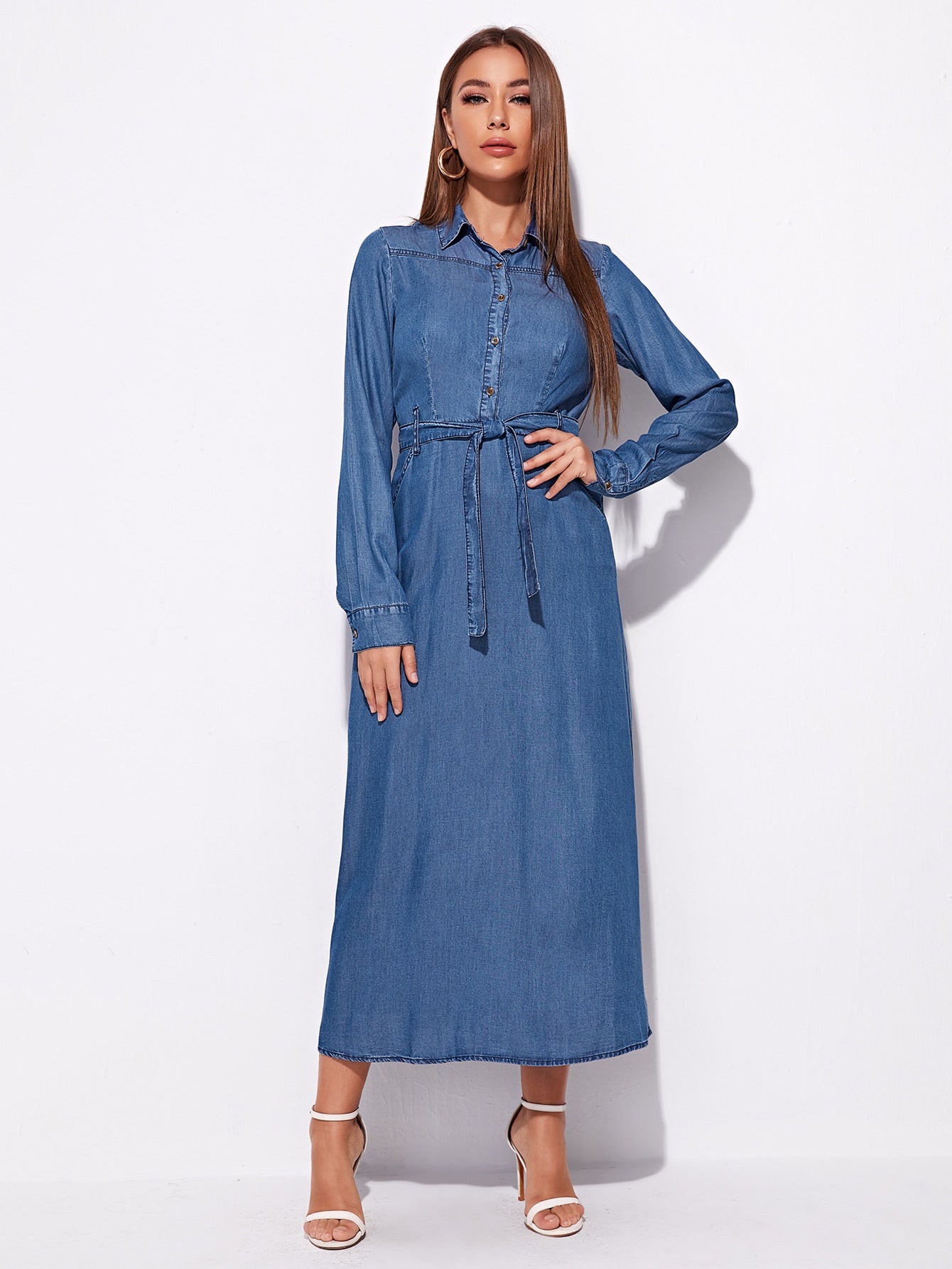 Button Front Belted Shirt Maxi Denim Dress