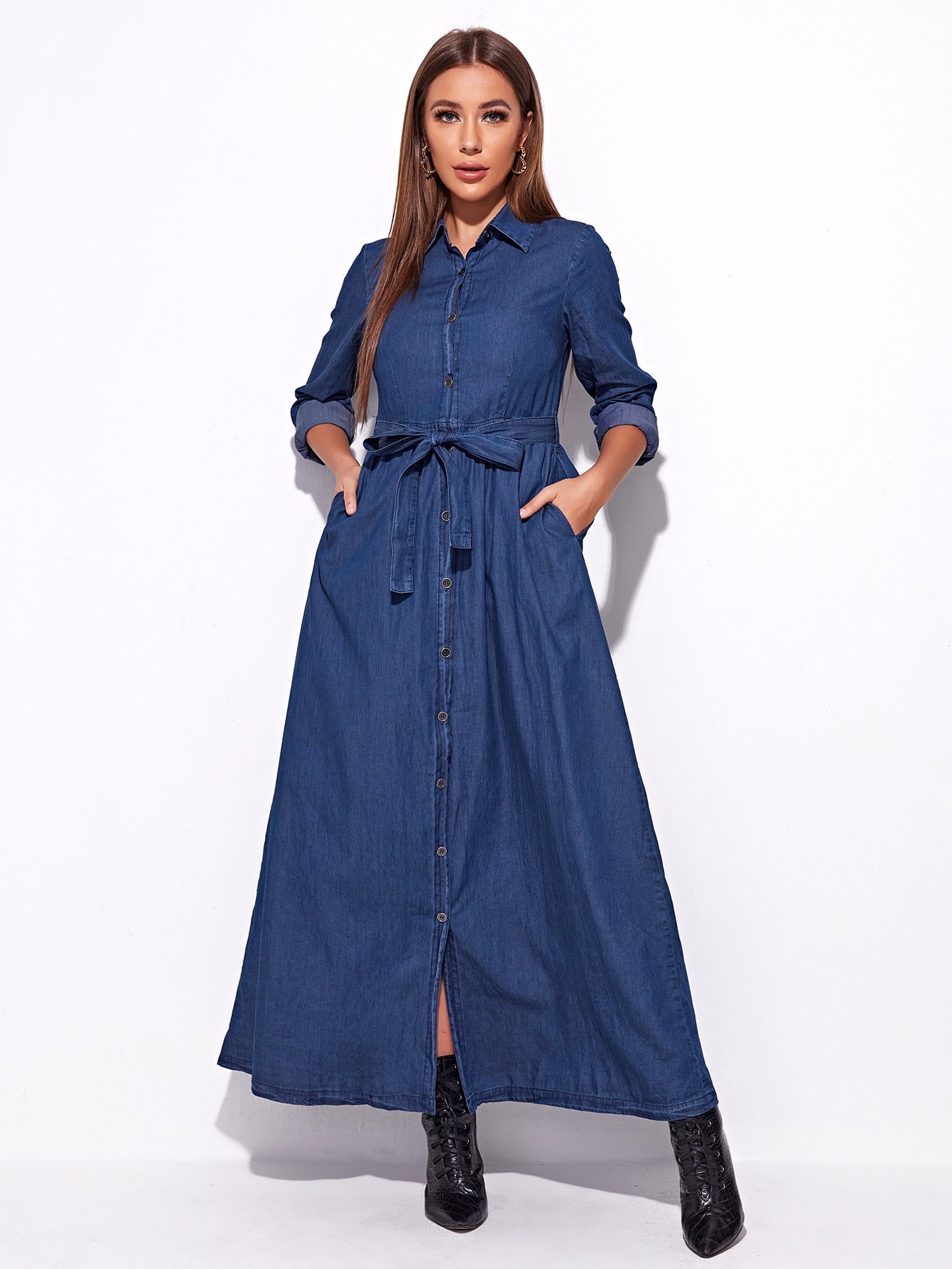 Button Front Belted Shirt Maxi Denim Dress