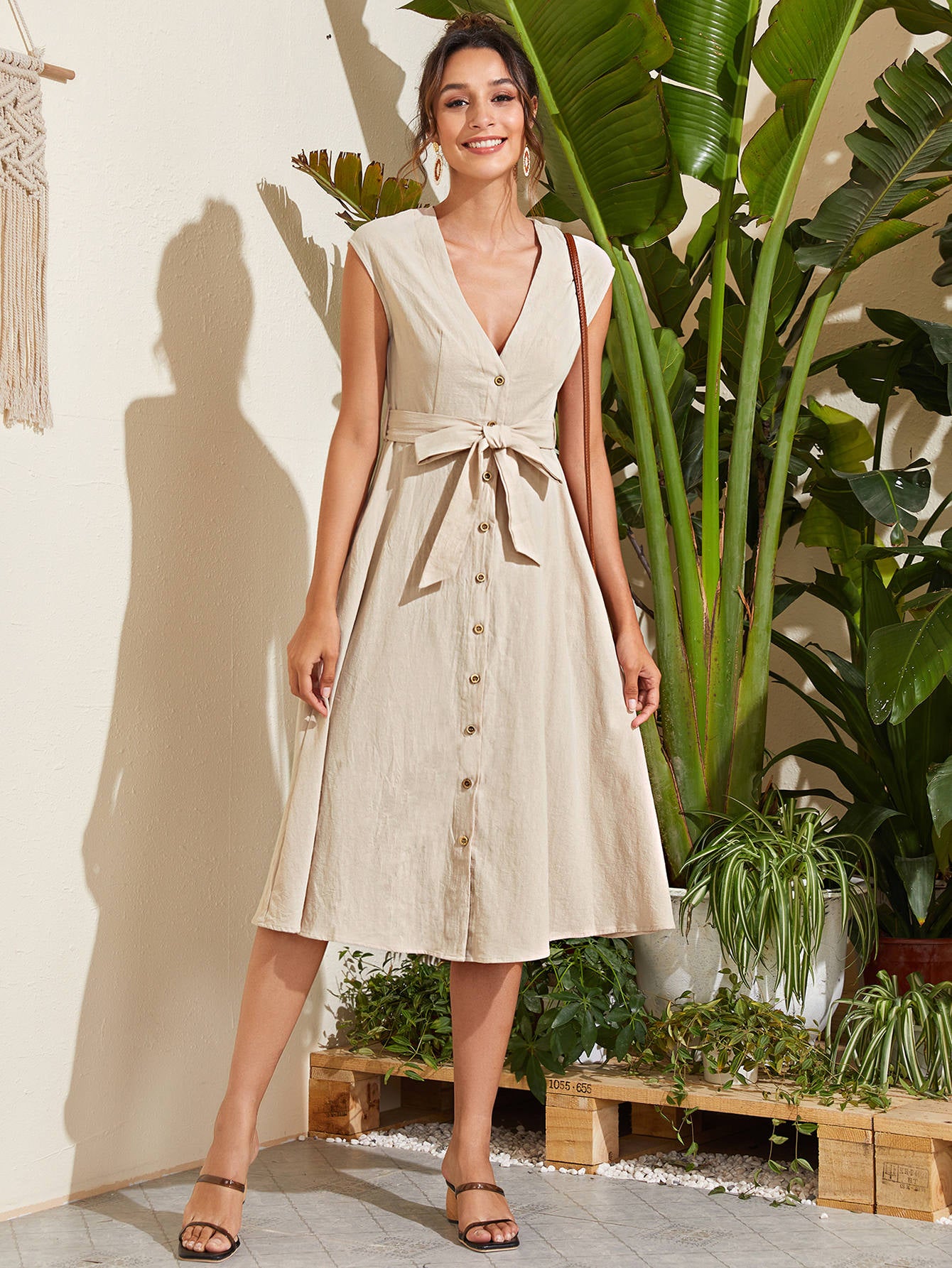 Button Front Belted Solid Dress