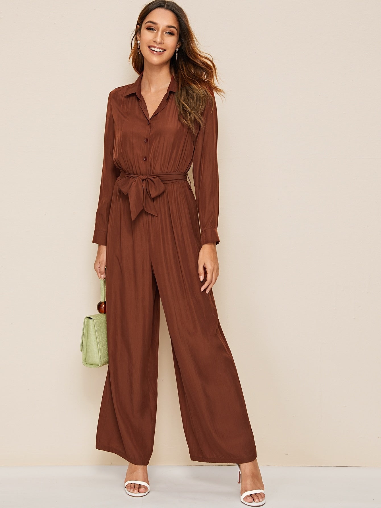 Button Front Belted Wide Leg Shirt Jumpsuit