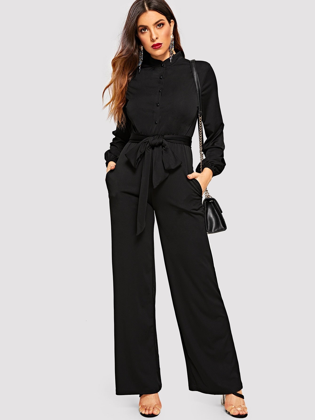 Button Front Belted Wide Leg Shirt Jumpsuit