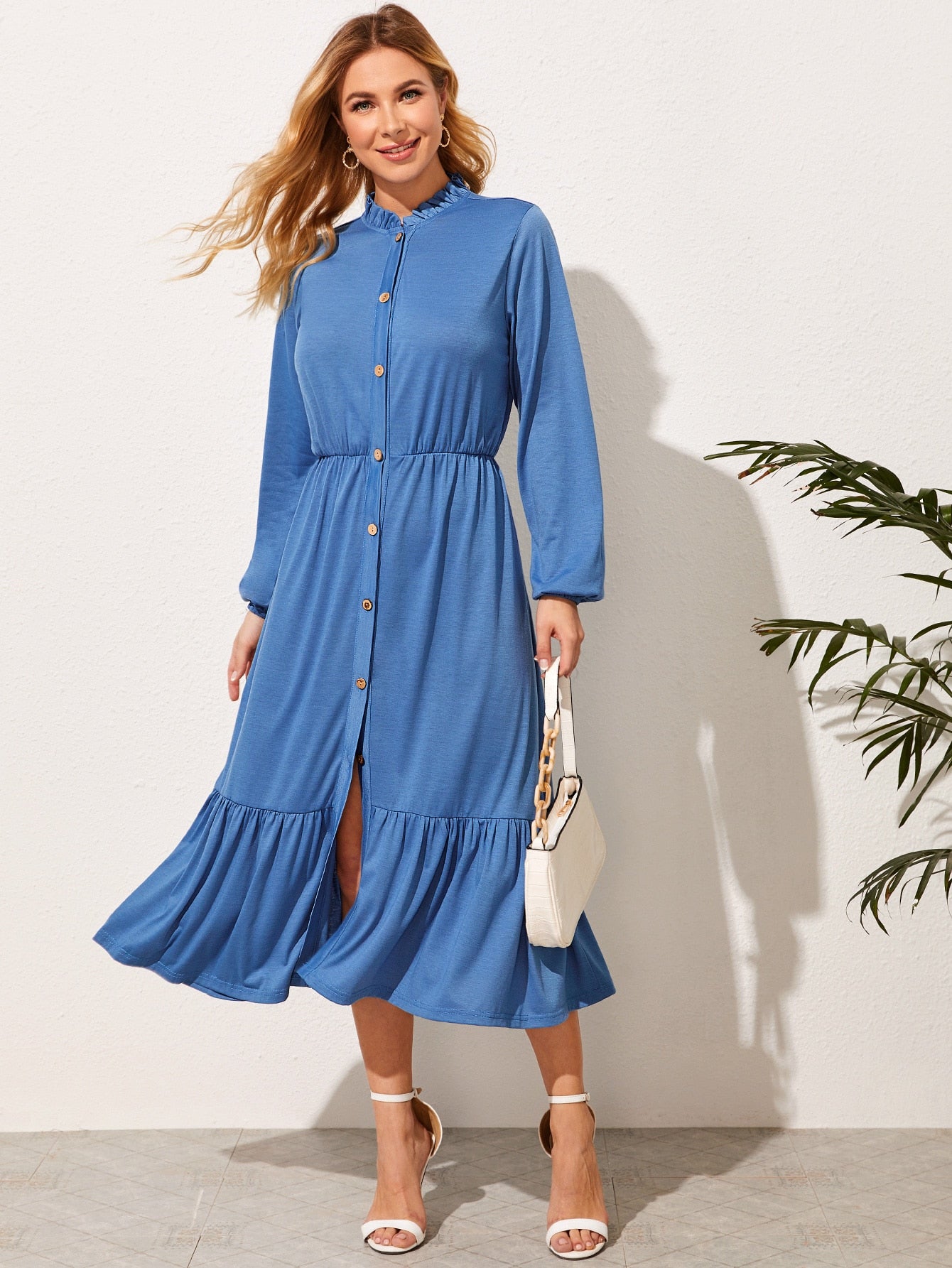 Button Front Bishop Sleeve Ruffle Hem Dress