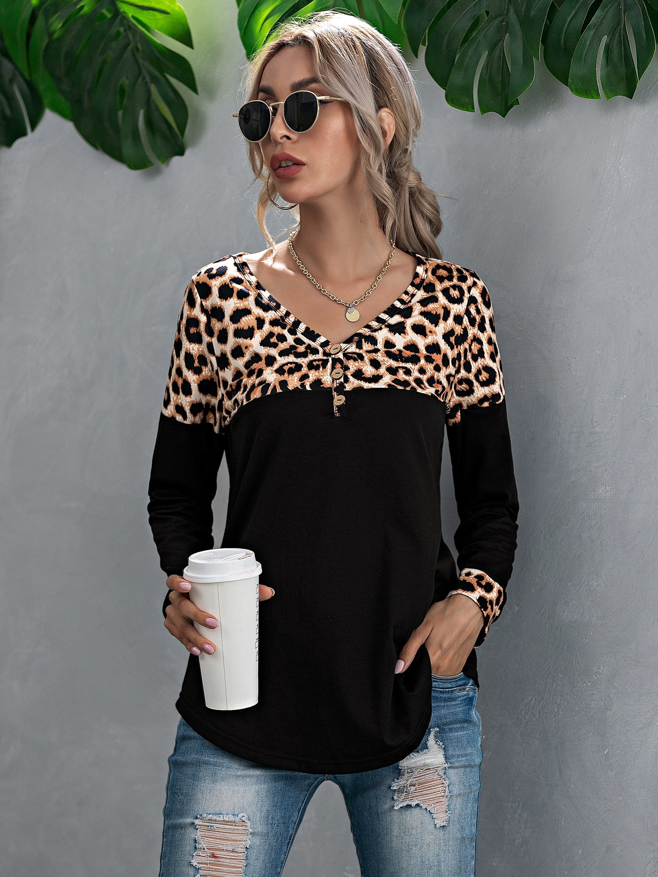 Button Front Contrast Leopard Tee