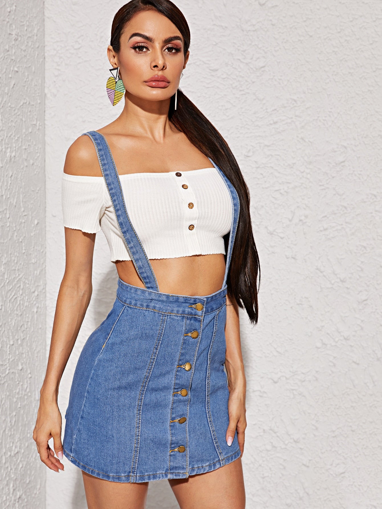 Button Front Criss-cross Dungaree Skirt