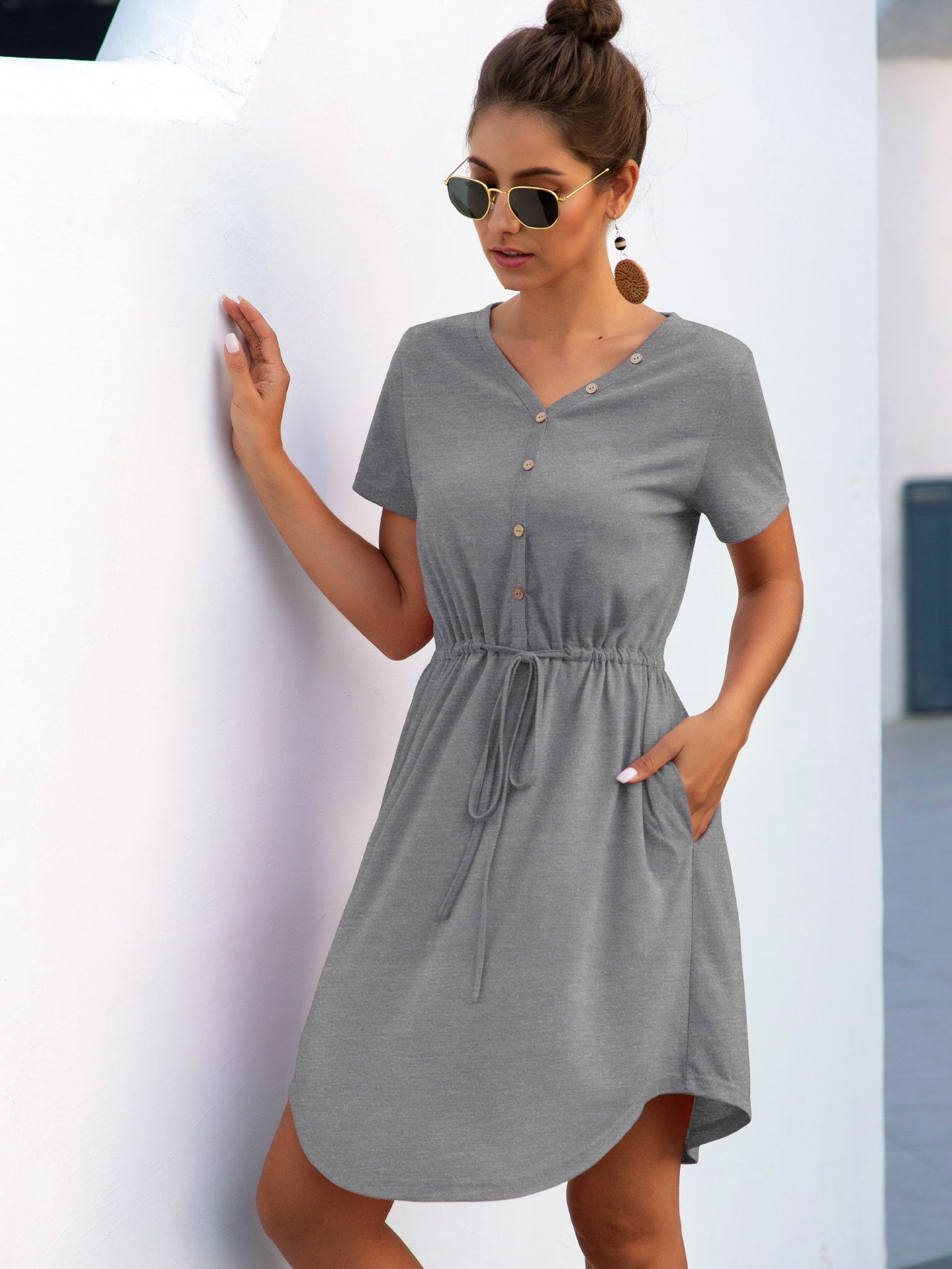 Button Front Curved Hem Drawstring Dress