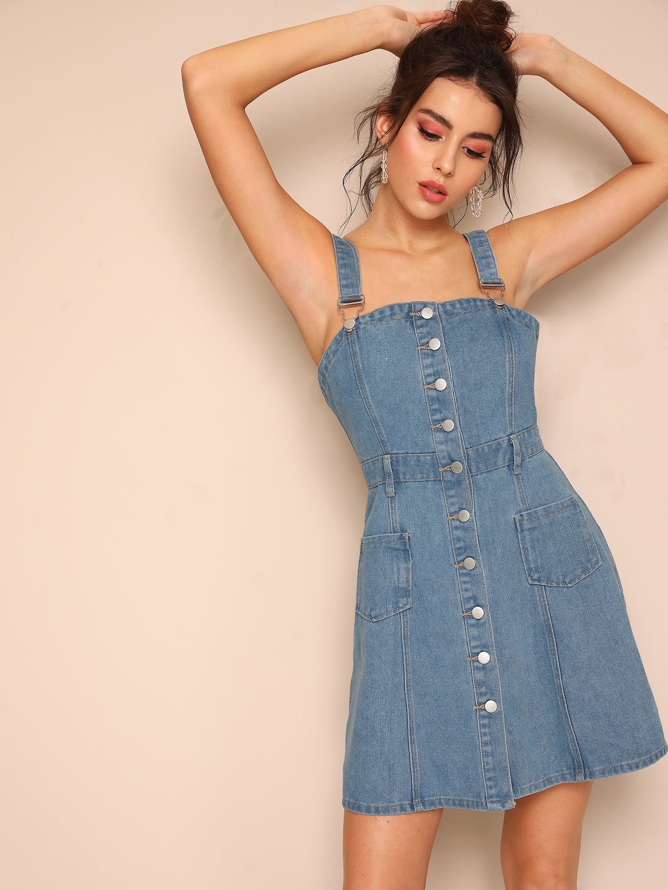 Button Front Denim Overall Dress With Adjustable Strap